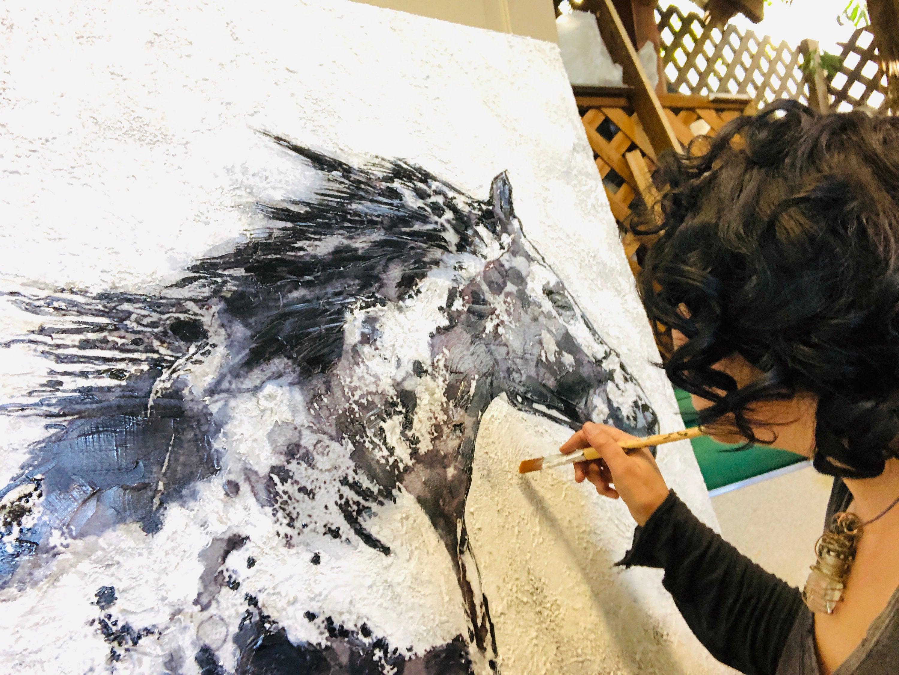 black and white horse painting