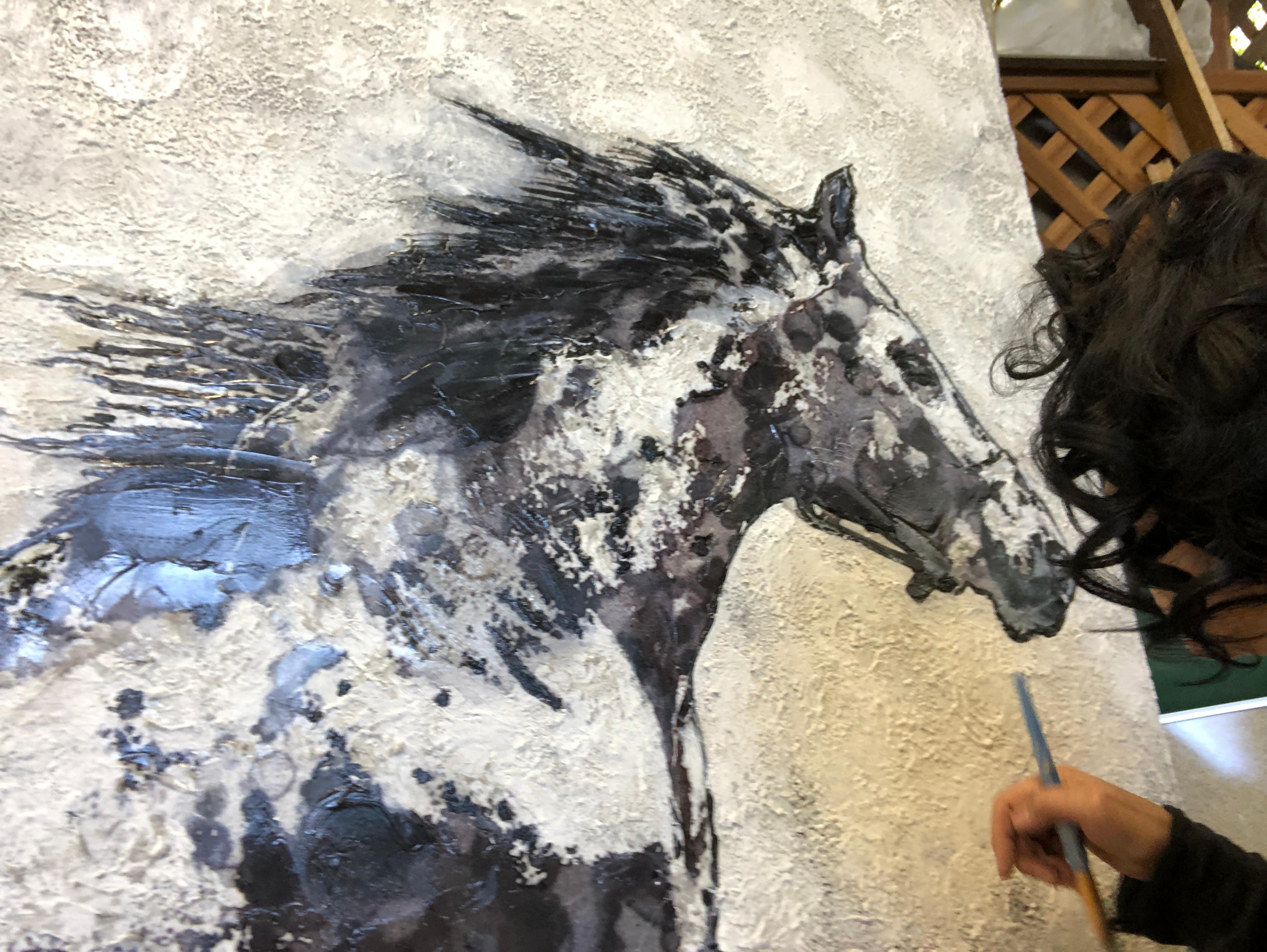 Running Horse White Black Mixed Media Painting on Canvas 48 x 36