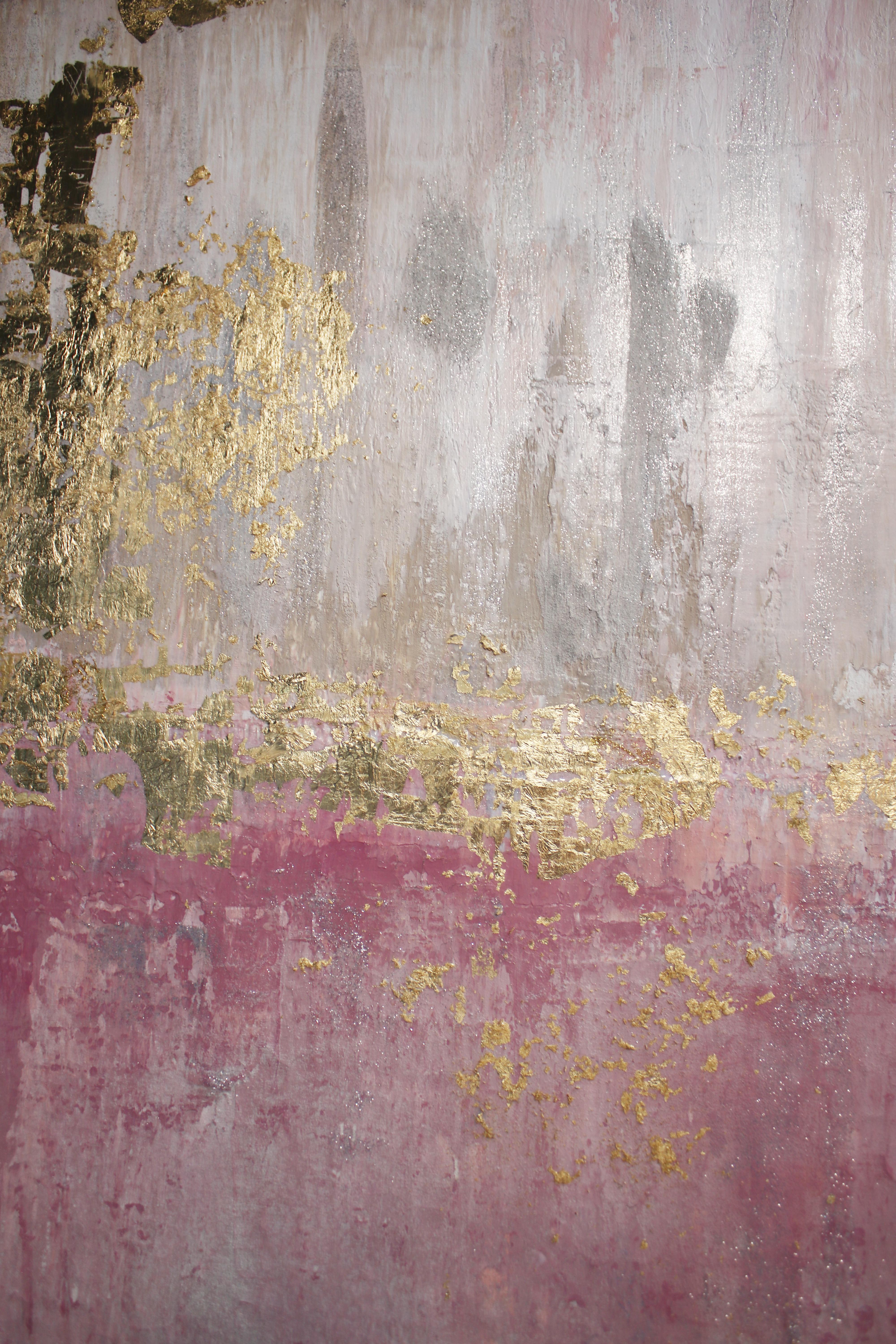 Gold Pink Silver Abstract Heavy Textured Art on  Canvas 36 x 48