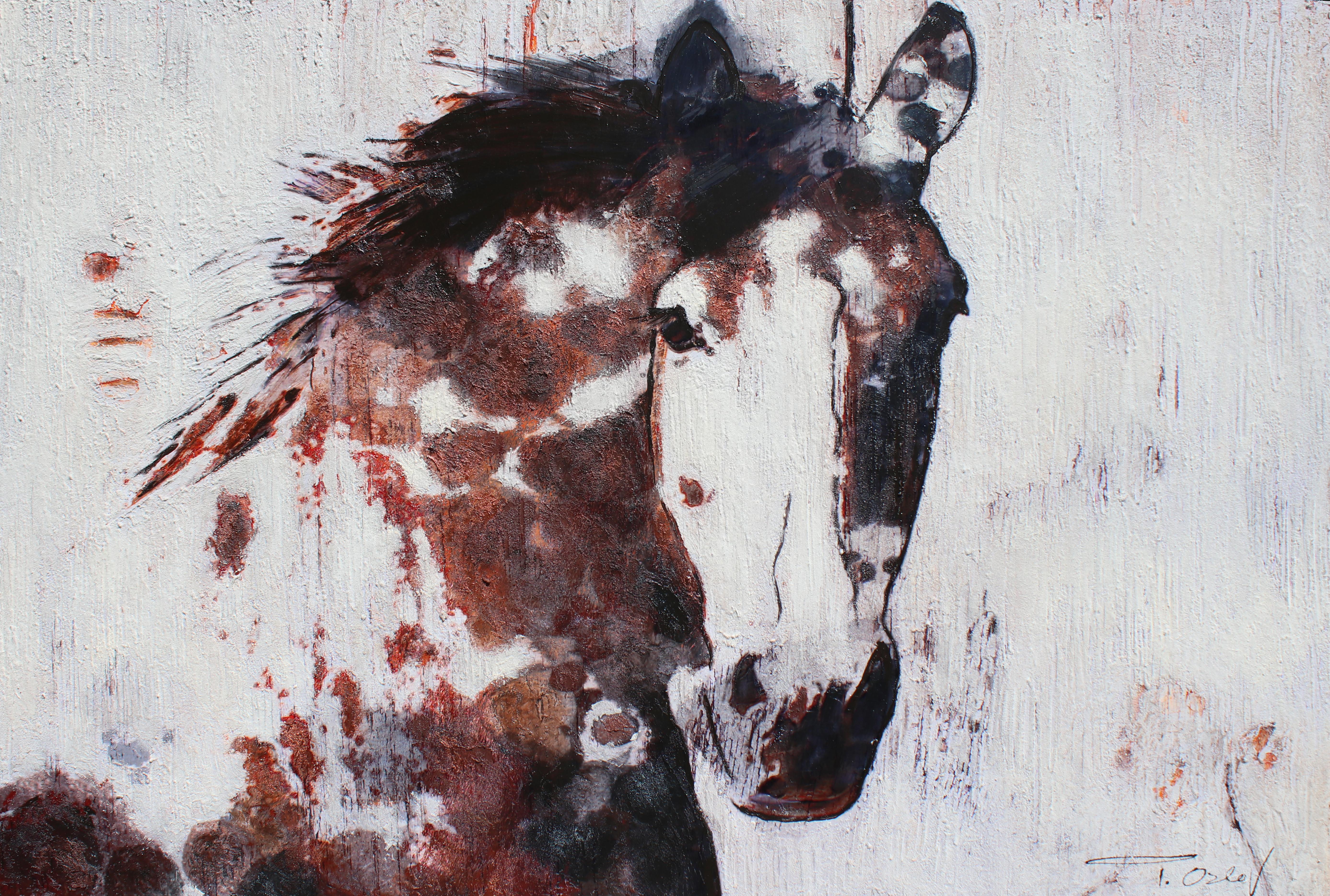 Gorgeous Chestnut Horse Farmhouse Horse Painting, Textured on Canvas 60 H X 40"  - Mixed Media Art by Irena Orlov