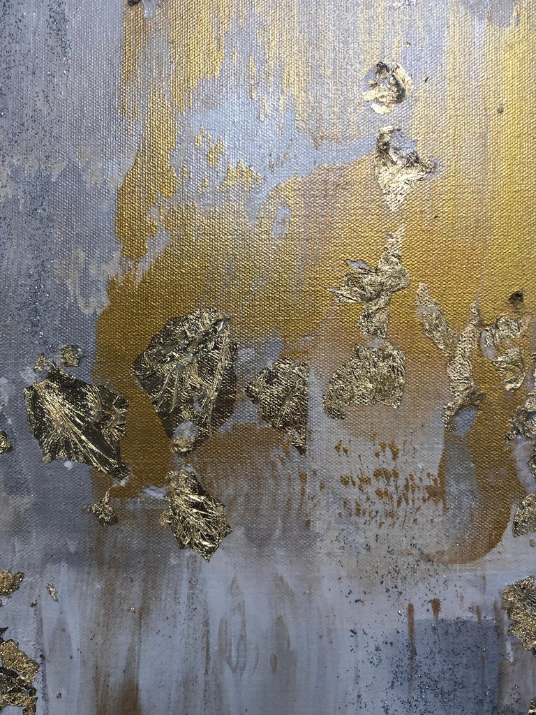 Irena Orlov Gold Leaf Silver Abstract Art on Canvas 36 x 48" For Sale