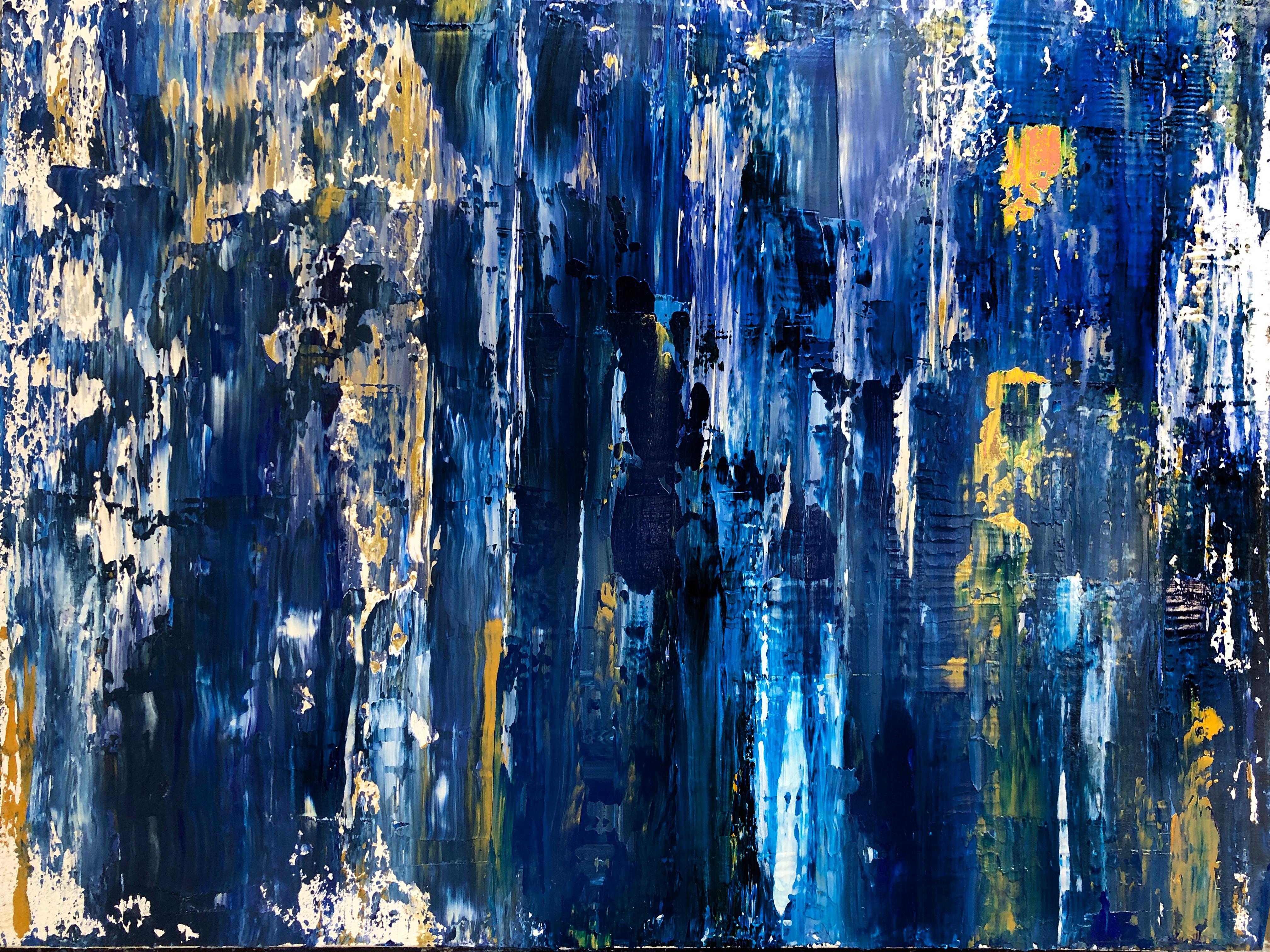 Midnight Blue Gold Abstract Heavy Textured Mixed Medium on Canvas, 36 x 48"