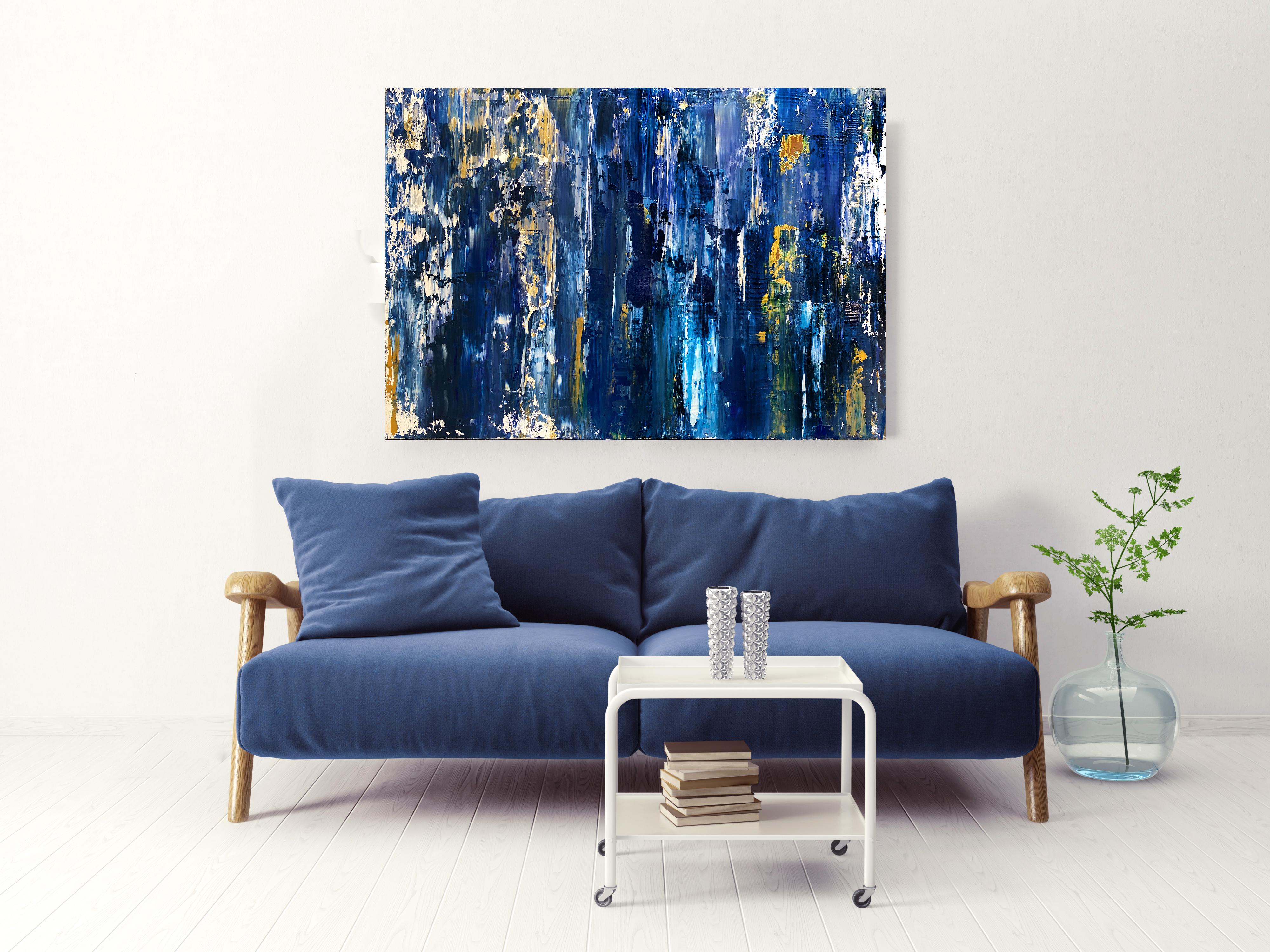 Peinture mixte abstraite bleu nuit et or fortement texturée sur toile, 36 x 48 po - Painting de Irena Orlov
