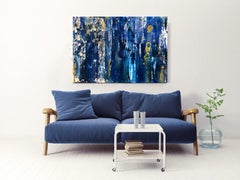 Midnight Blue Gold Abstract Heavy Textured Mixed Medium on Canvas, 36 x 48"
