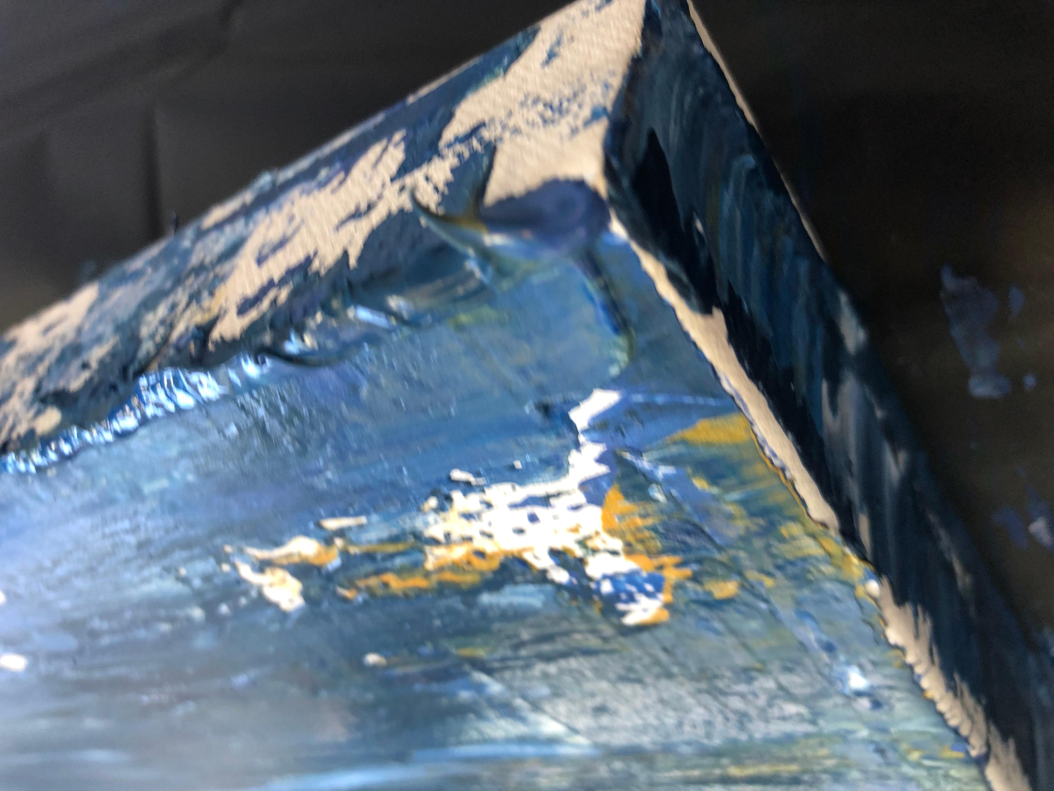 Abstrait bleu nuit or médium mixte lourdement texturé sur toile, 36 x 48