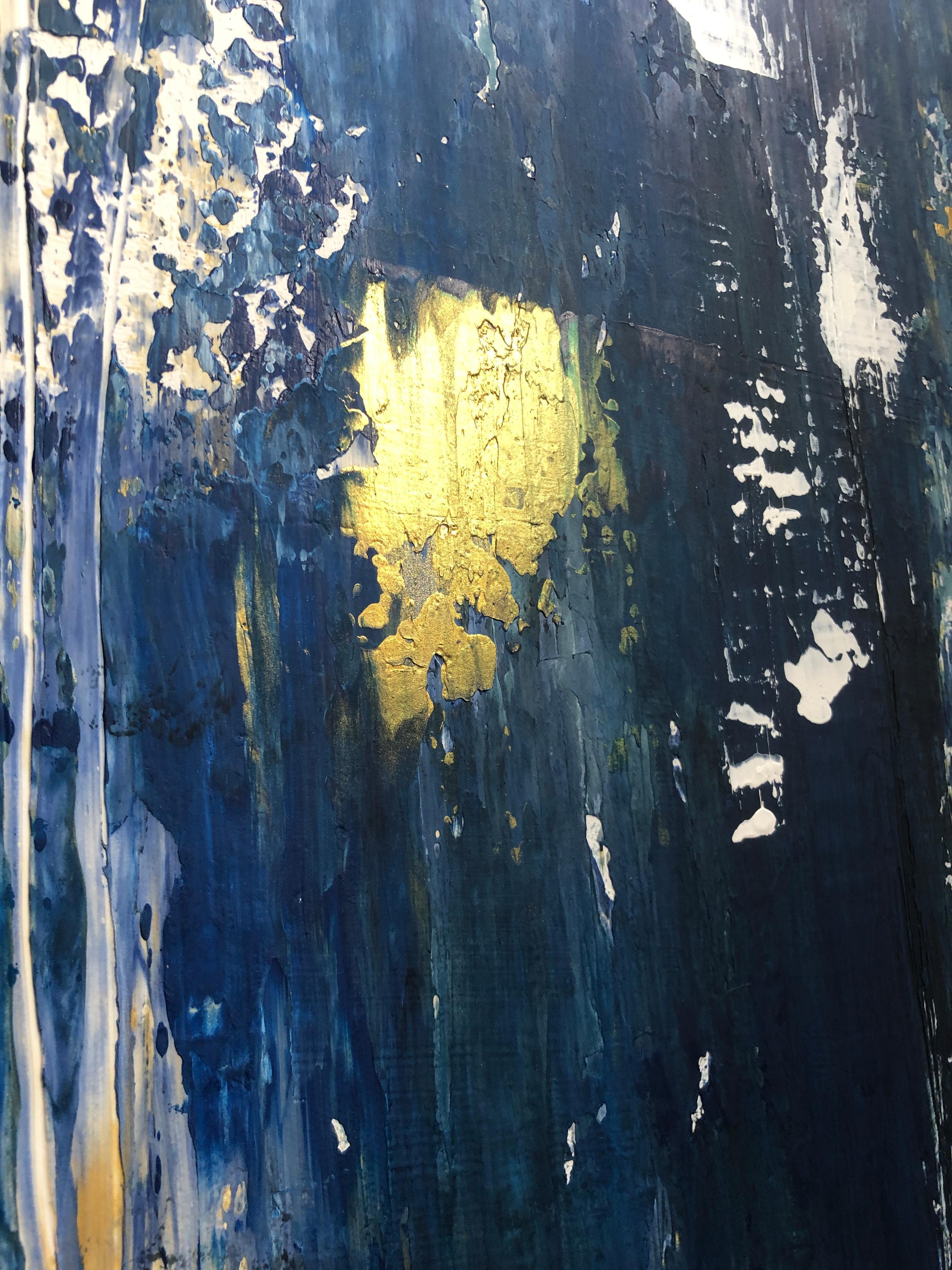 Peinture mixte abstraite bleu nuit et or fortement texturée sur toile, 36 x 48 po en vente 4