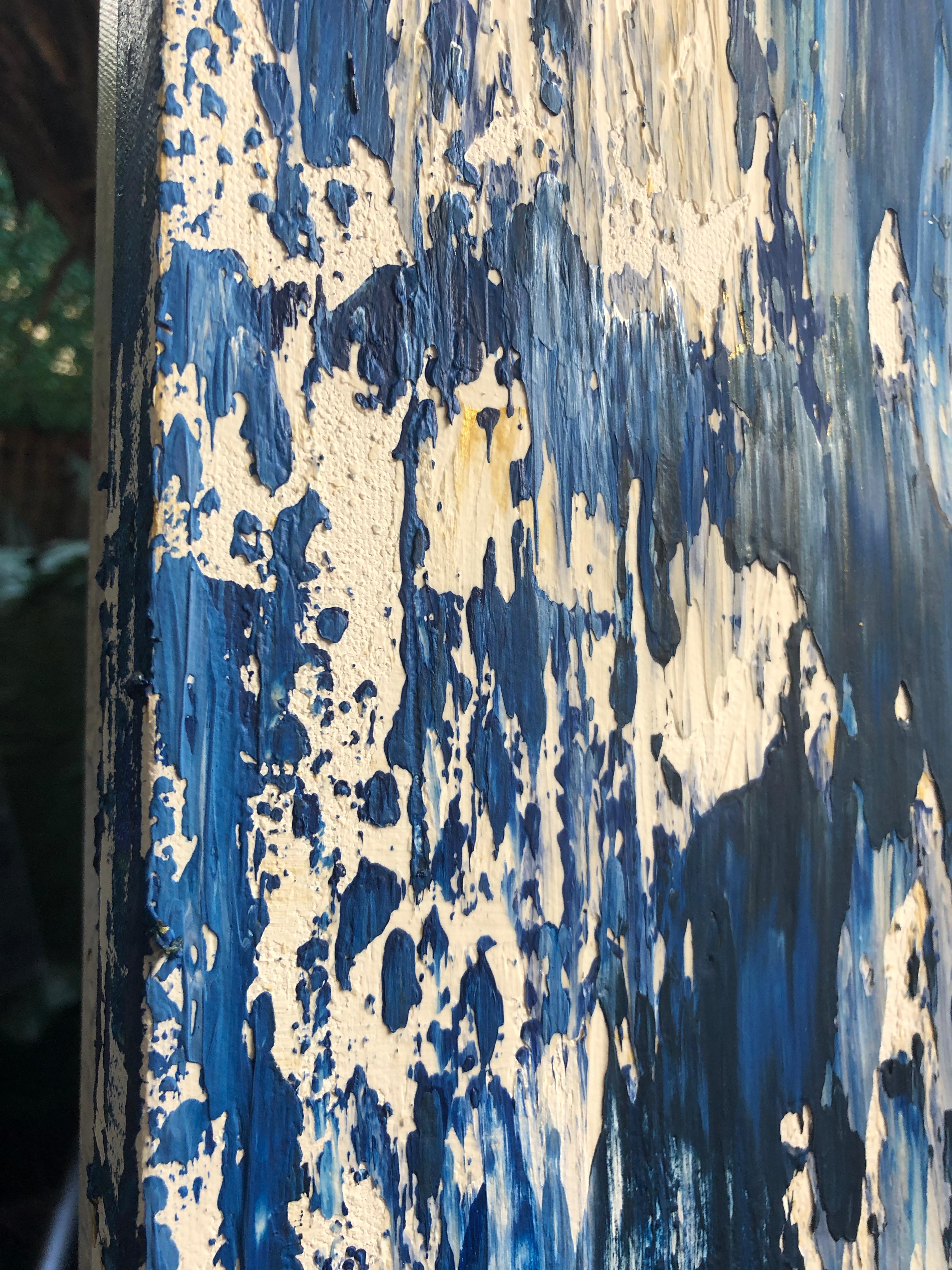 Peinture mixte abstraite bleu nuit et or fortement texturée sur toile, 36 x 48 po en vente 5
