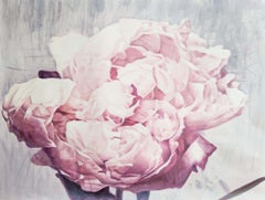Abstraktes gerahmtes geblümtes Blumengemälde in Pfingstrose, Shabby Floral Art, 36 H X 48" B 