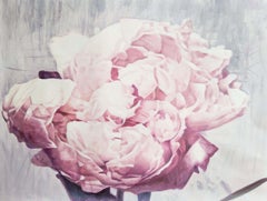 Abstraktes gerahmtes geblümtes Blumengemälde in Pfingstrose, Shabby Floral Art, 36 H X 48" B