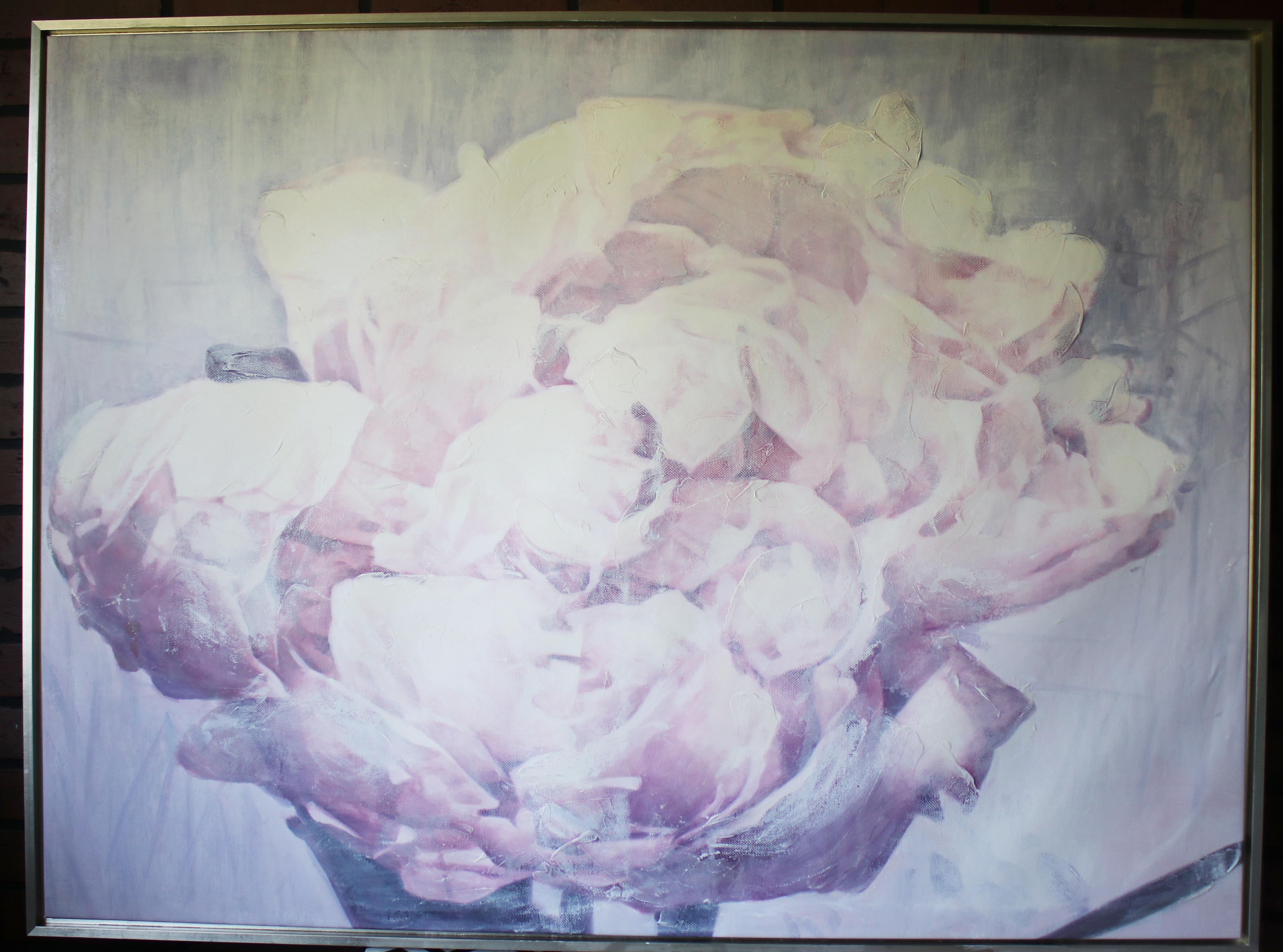 Abstraktes gerahmtes geblümtes Blumengemälde in Pfingstrose, Shabby Floral Art, 36 H X 48