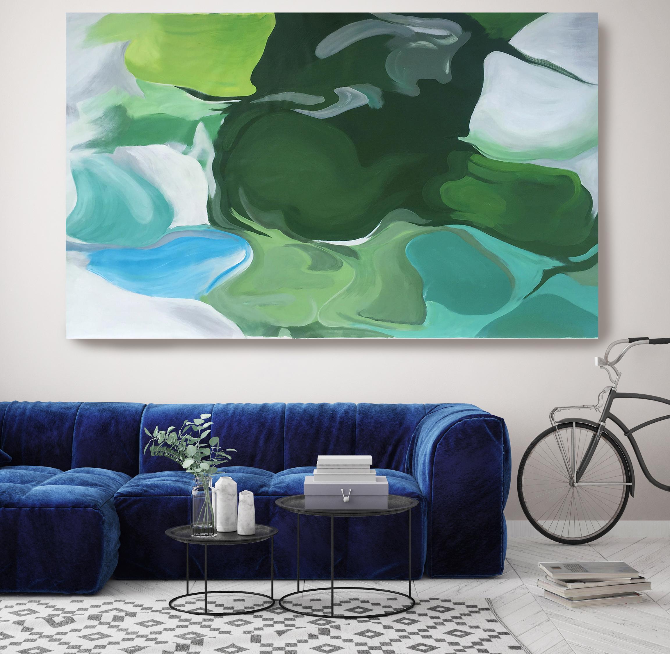 Pittura ad olio astratta verde-blu 48 H. X 72 W