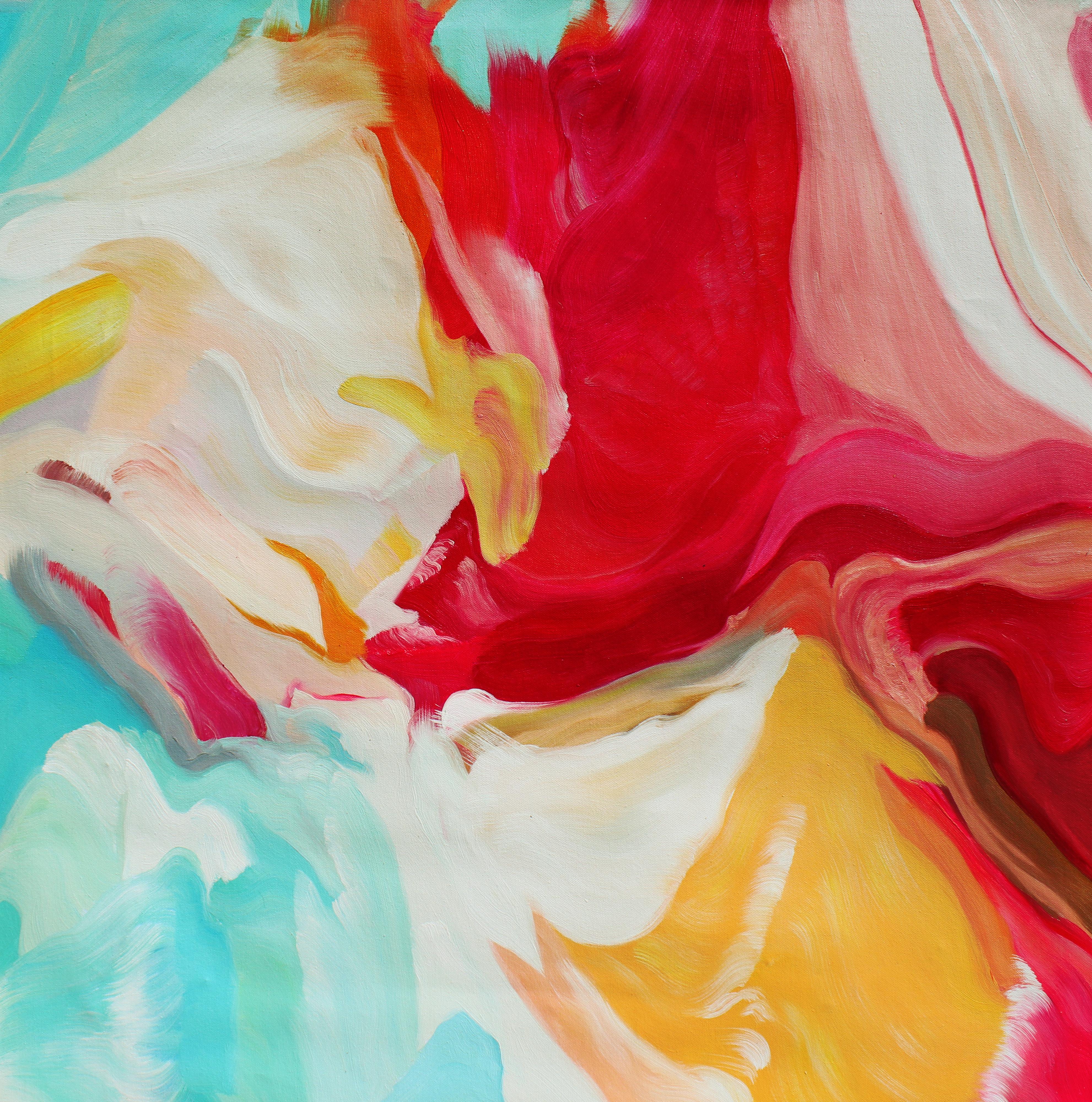 Abstract Painting di Irena Orlov - Pittura a olio astratta su tela rosso giallo turchese 36 x 36", Serenade