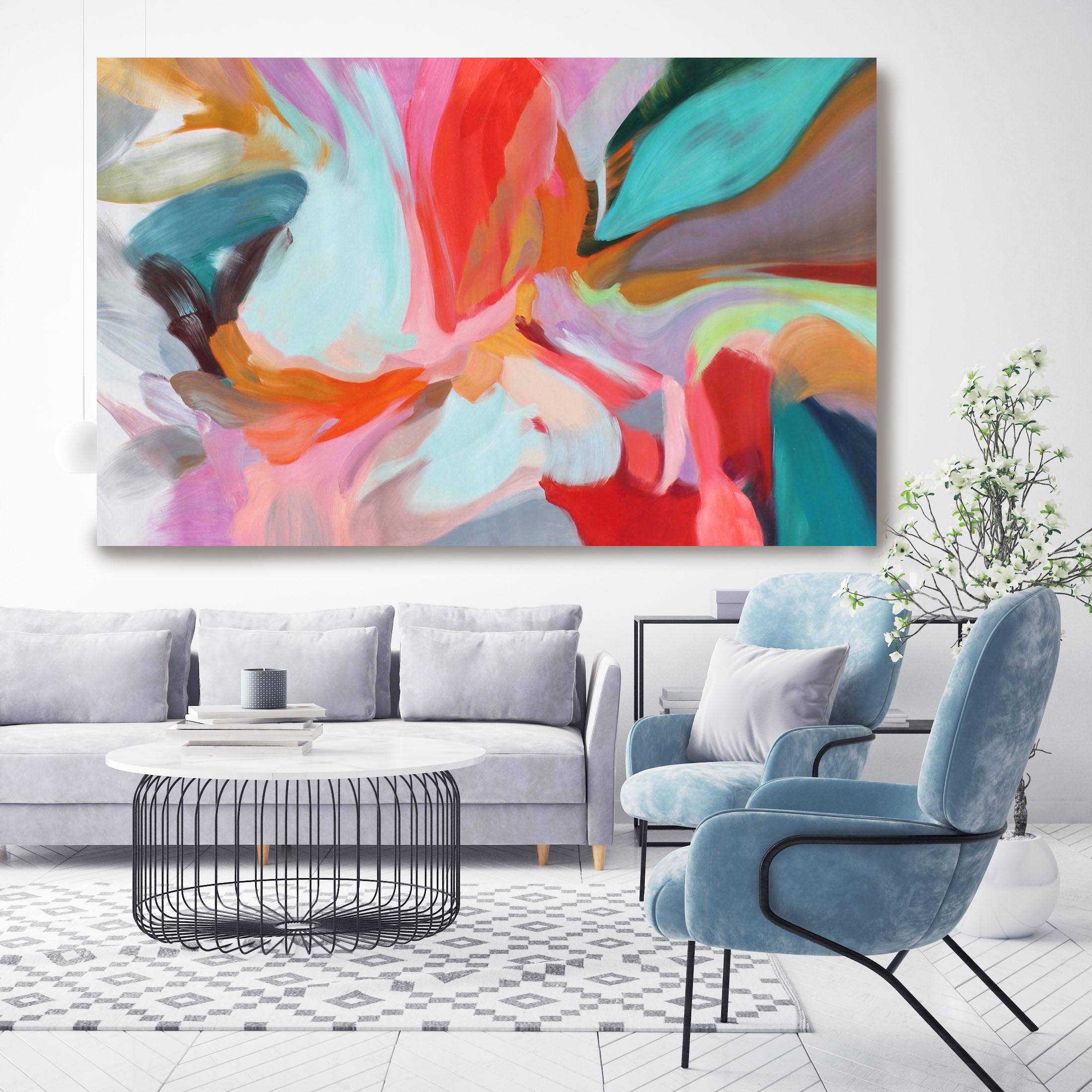Red Blue Teal Abstract  Acrylic Painting 42H X 68