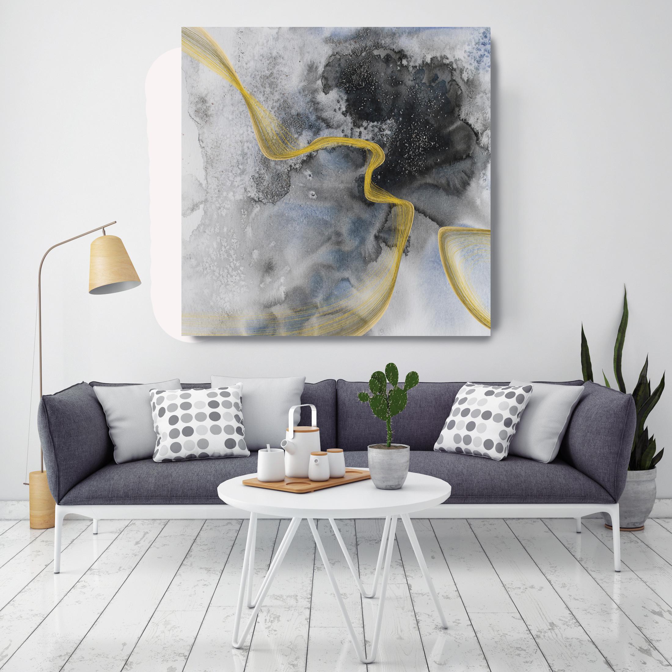 Gold Blue Watercolor Symphony Gold Touch Hand Textured Giclee on Canvas 45x45