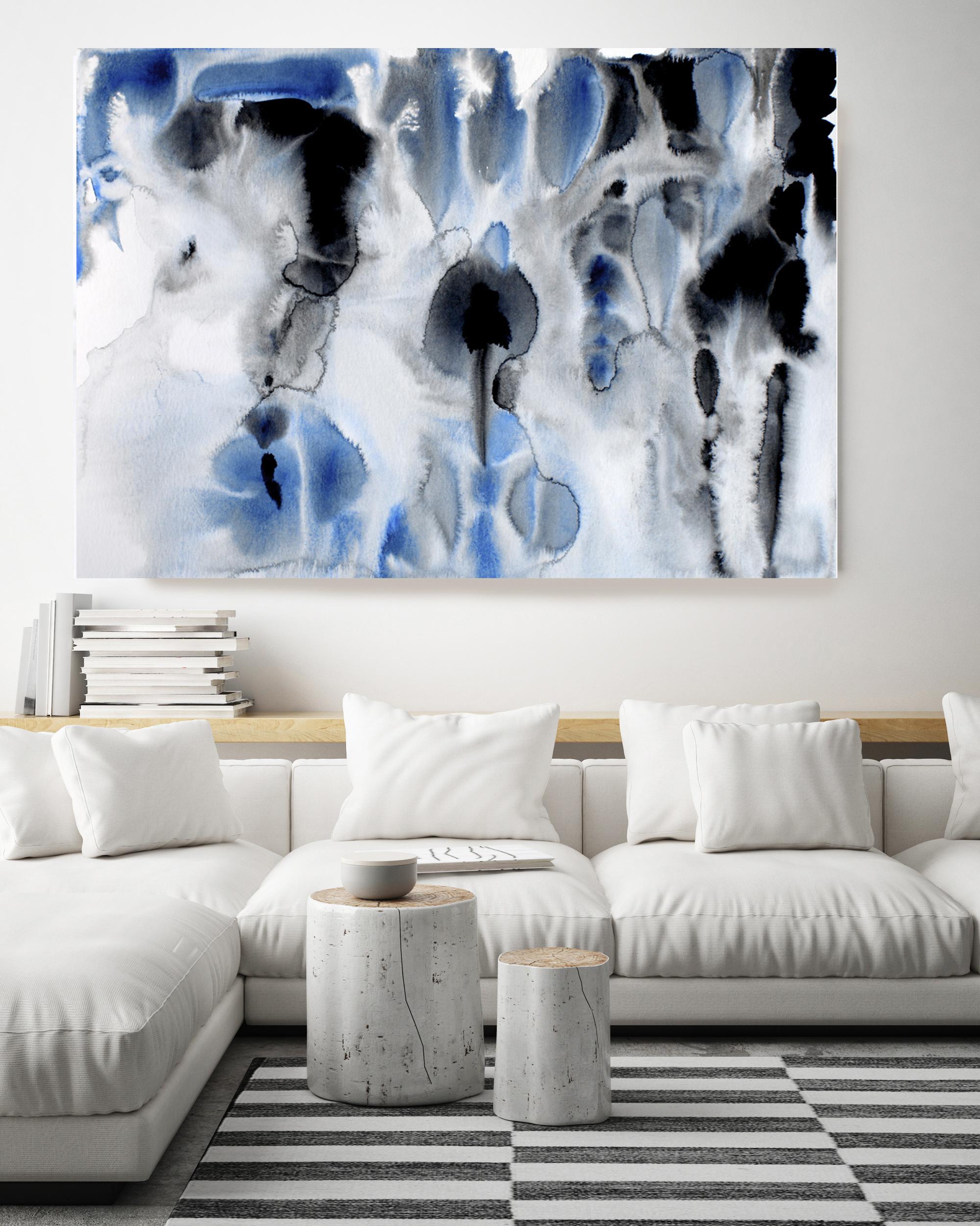 Blue Black Watercolor Abstract Hand Textured Giclee on Canvas, 40 x 60