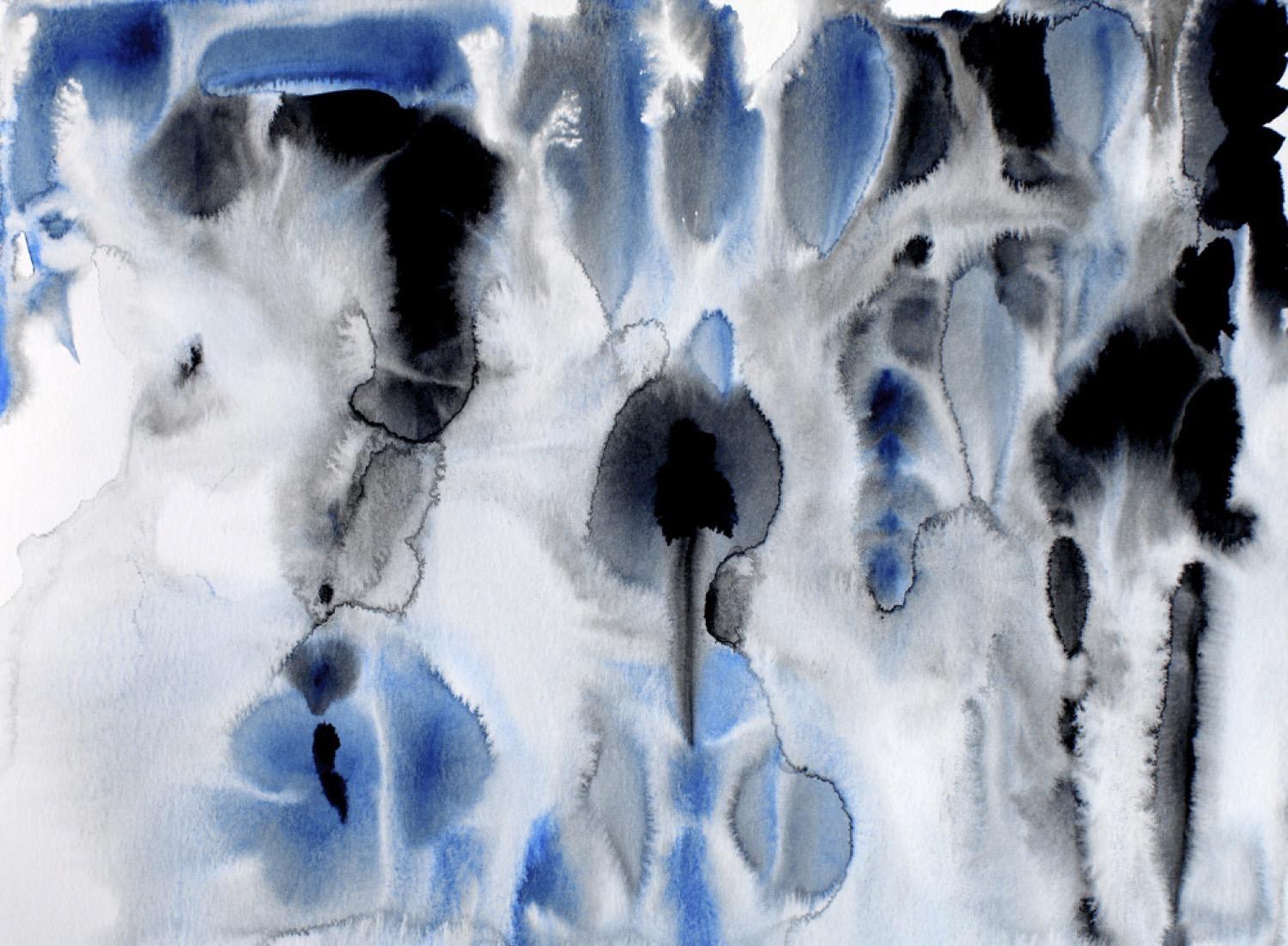 Irena Orlov Abstract Painting - Blue Black Watercolor Abstract Hand Textured Giclee on Canvas, 40 x 60"