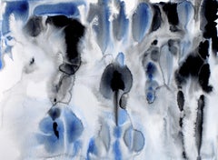 Blue Black Watercolor Abstract Hand Textured Giclee on Canvas, 40 x 60"