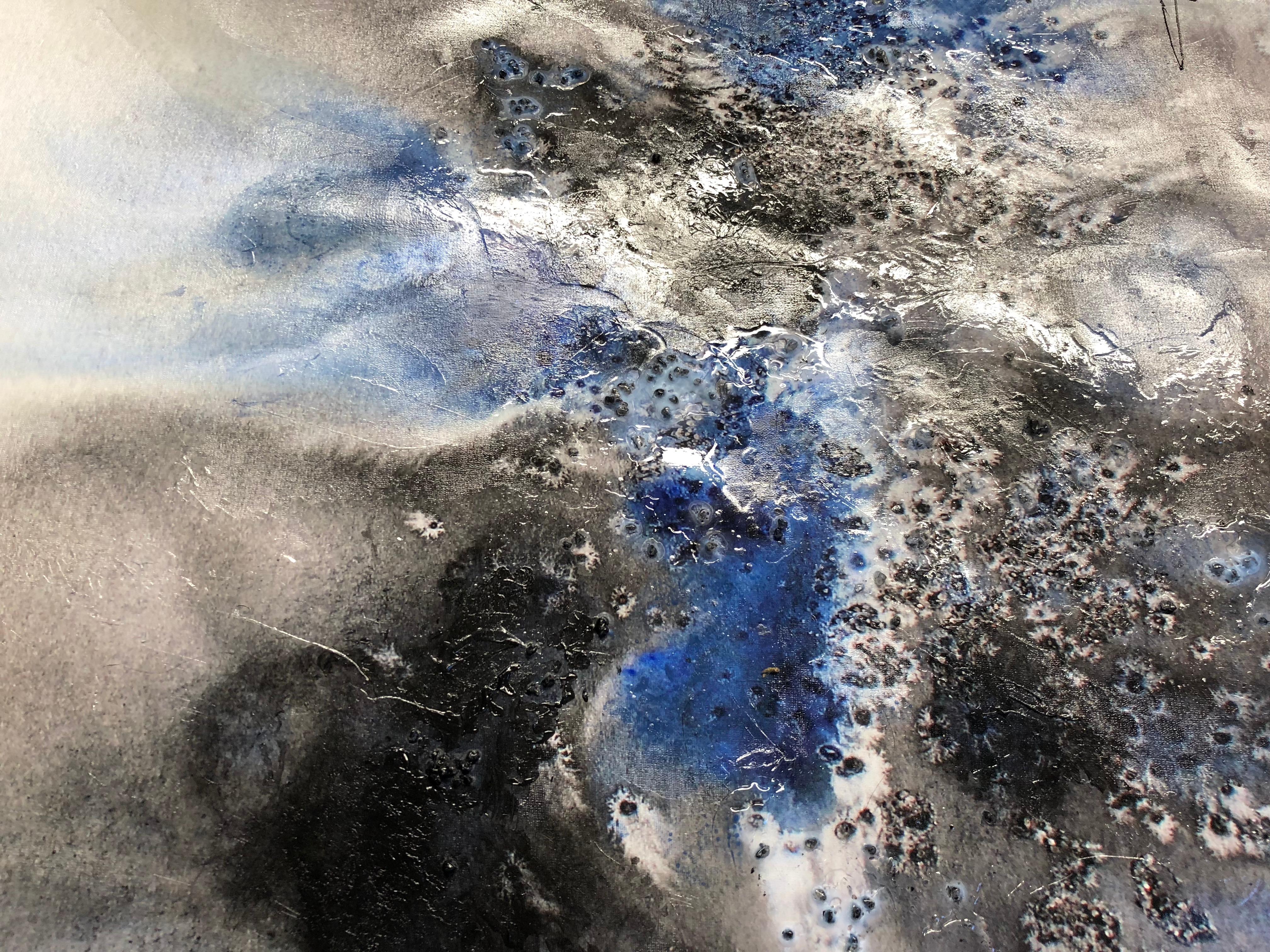 Blue Black Watercolor Abstract Hand Textured Giclee on Canvas, 40 x 60