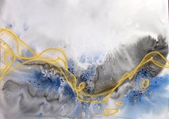 Gold Blue Coastal Watercolor Painting Hand Textured Giclee on Canvas, 40 x 60"
