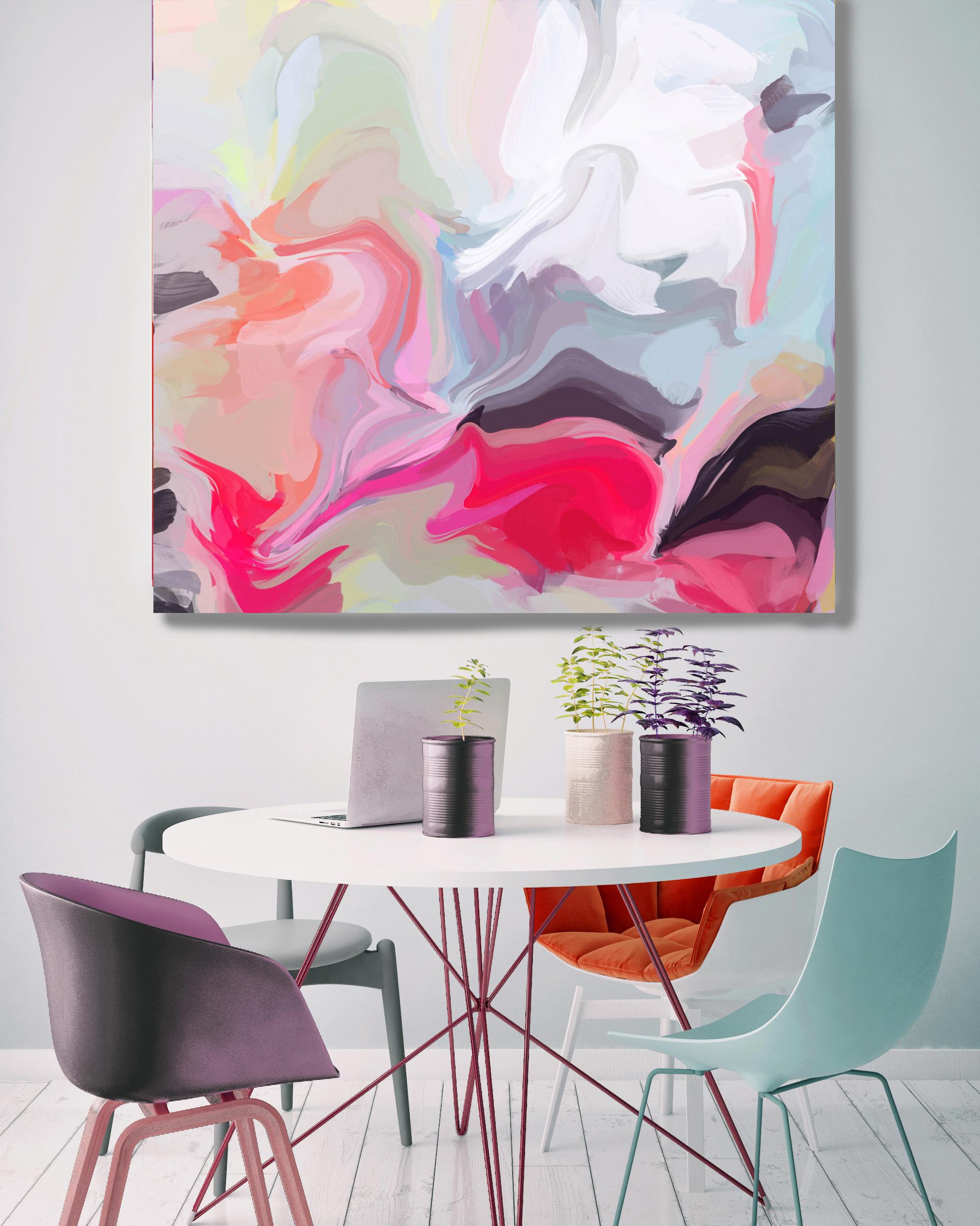 Puderblaues PinK-Gemälde, handstrukturiertes Giclee auf Leinwand, 45x45
