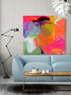 Peinture d'art rose orange, giclée texturé à la main sur toile 45x45 po., vibrations de couleur