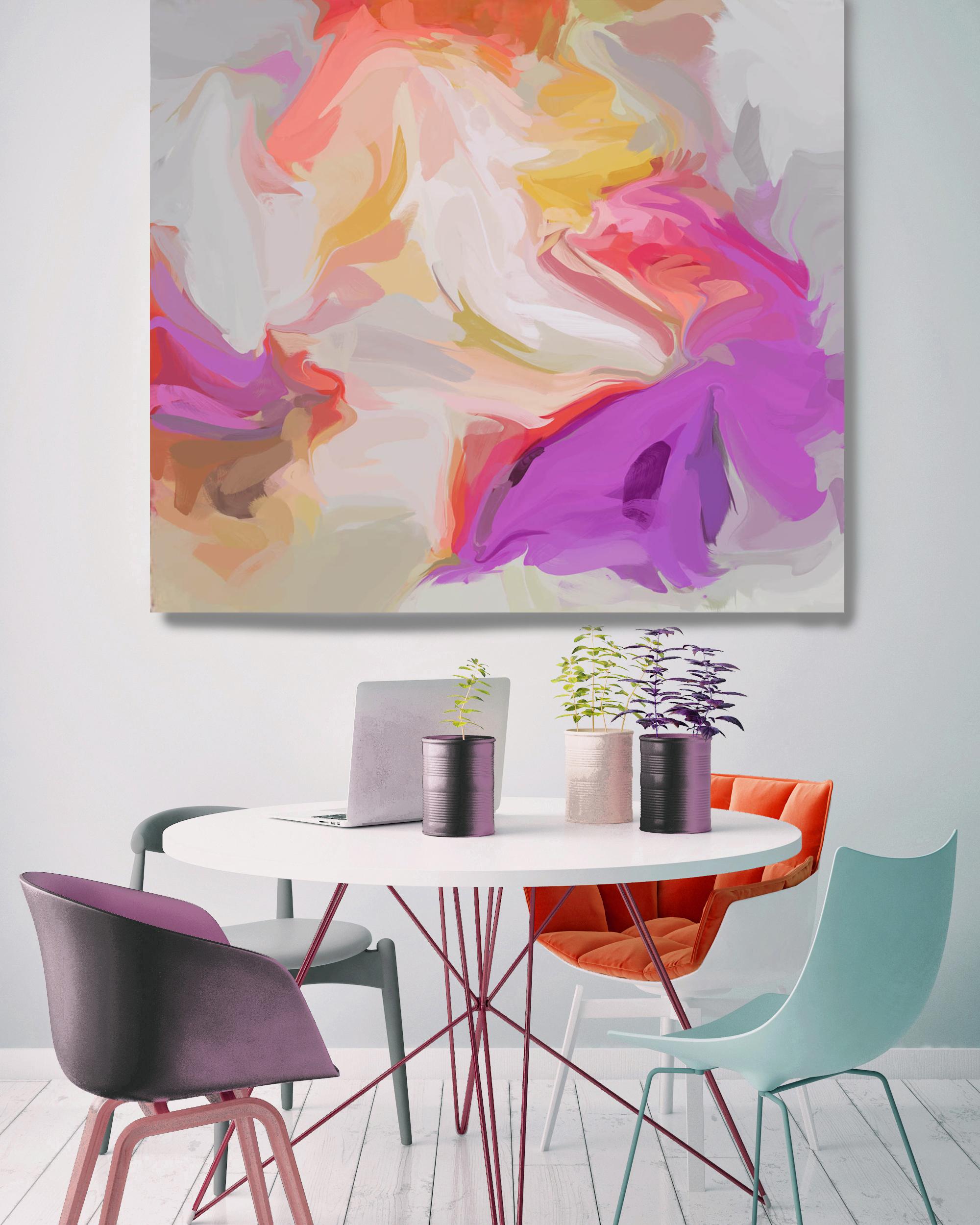 Amarillo coral Pintura Arte Giclee texturizado a mano sobre lienzo 45x45