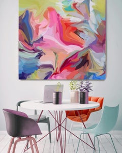 Moments of Joy 2, Art abstrait Giclée texturé à la main sur toile 45x45 po. Bleu rose