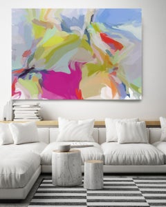 Stop Fireworks Abstract Pink Blue Art Hand Textured Giclee on Canvas 40Hx 60W"