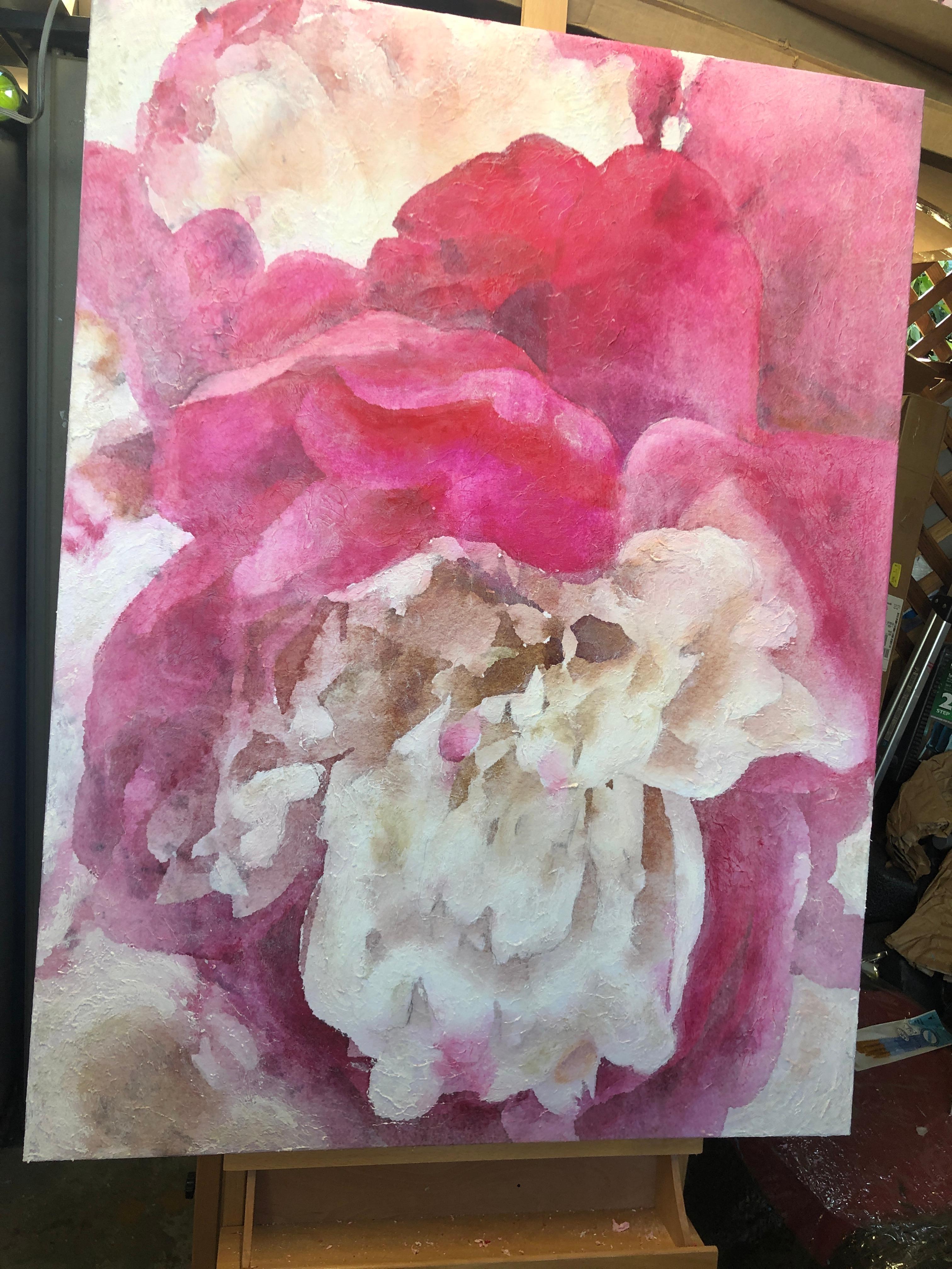 Pink Peony Shabby Chic Hand Embellished Textured Giclee on Canvas  - Contemporary Mixed Media Art by Irena Orlov