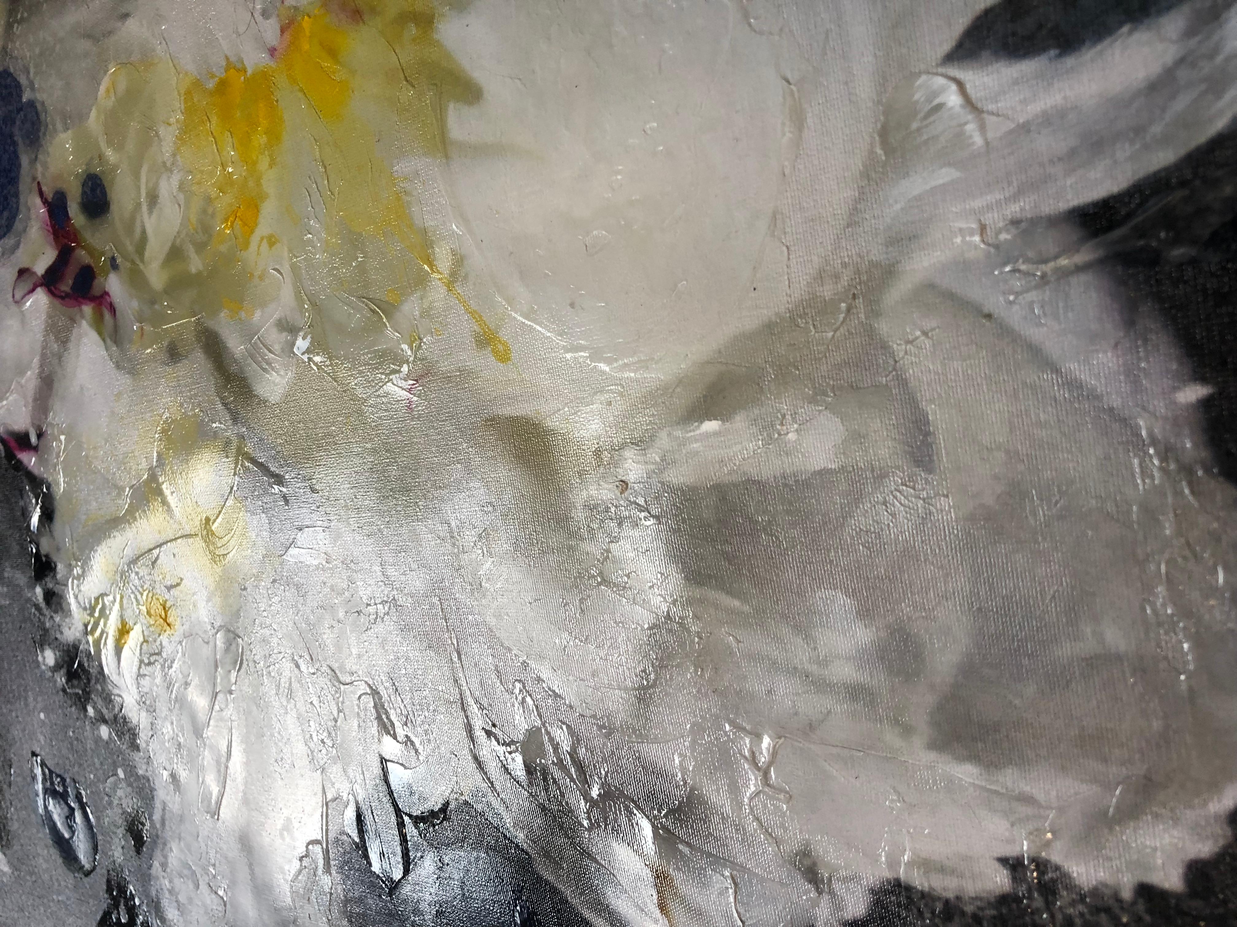 Weißes und schwarzes geblümtes Gemälde, von Hand verschönert, Giclee auf Leinwand, 40 H x 60 B im Angebot 1