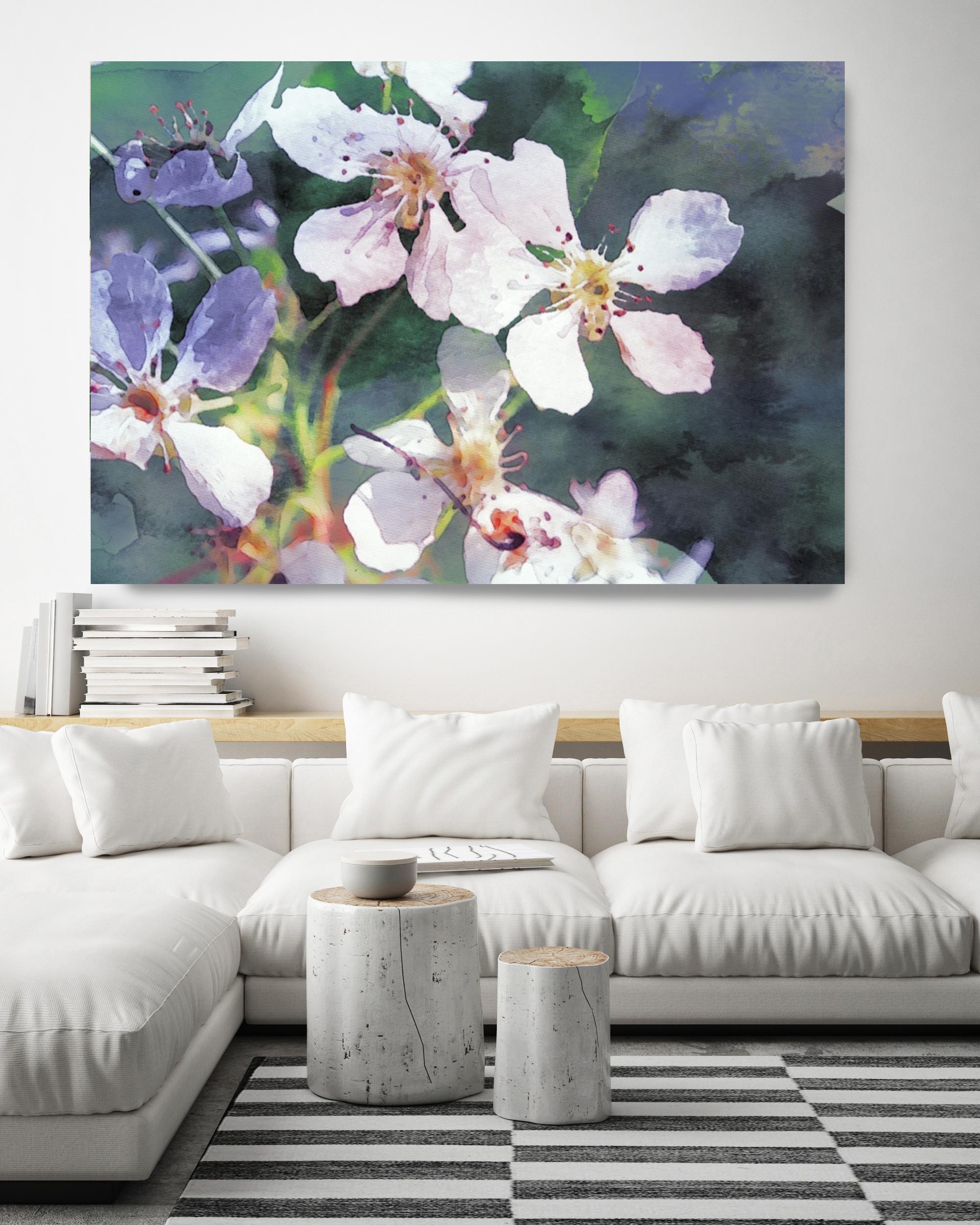 Green White Blooming Flowers Painting Embellished Giclee on Canvas 60WX40H