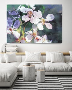 Green White Blooming Flowers Painting Embellished Giclee on Canvas 60WX40H