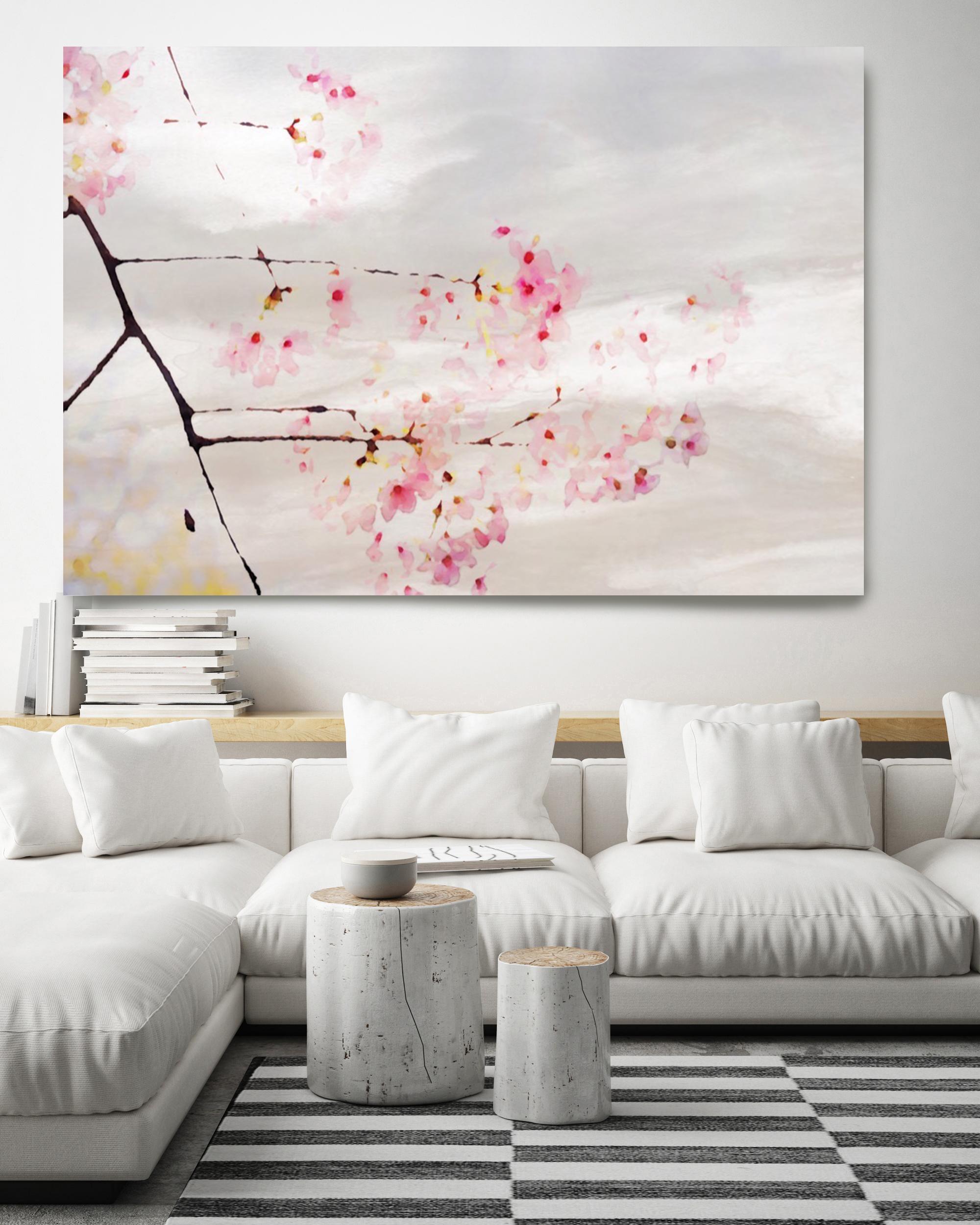 Pink Spring Floral Painting Hand Embellished Giclee on Canvas 40H X 60W For Sale 1