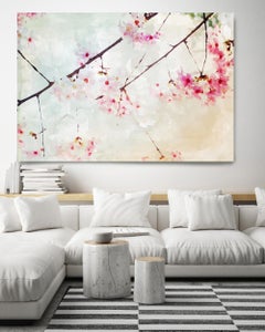 Pittura floreale rosa in fiore impreziosita a mano Giclee su tela 40H X 60W