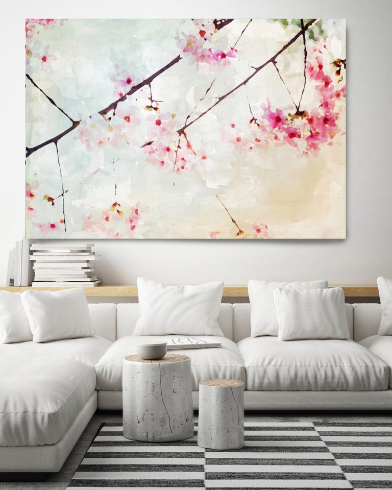 Pink Blooming Floral Painting Hand Embellished Giclee on Canvas 40H X 60W - Beige Landscape Painting by Irena Orlov