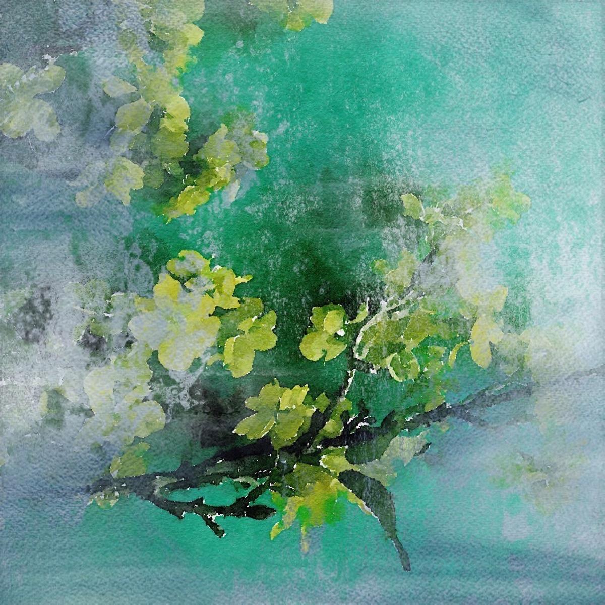 Peinture de fleurs rustiques en forme de bouleau vert, giclée texturé à la main sur toile 45x45" sarcelle
