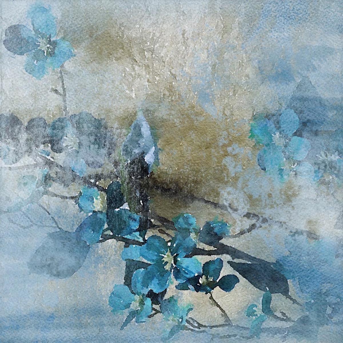 Rustikale Blumen in Blau und Gold auf Leinwand, handstrukturiertes Giclee auf Leinwand, 45x45 Zoll 