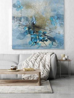 Blu Oro Mazzo di Fiori Rustico Pittura Giclée su tela con texture a mano 45x45"