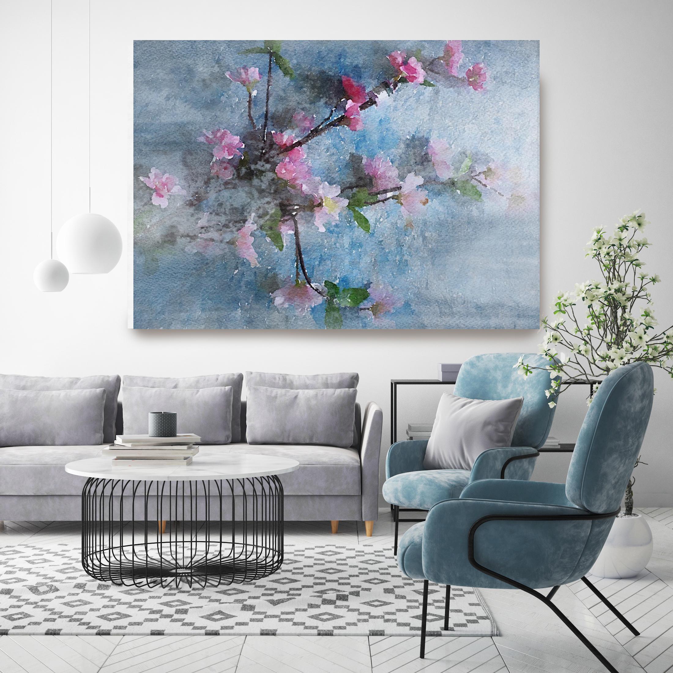 Frühling Frühlingsblau und rosa Blumen Gemälde verschönert Giclee auf Leinwand 40H X 60W (Zeitgenössisch), Painting, von Irena Orlov