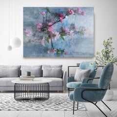 Spring Blue and Pink Flowers Painting Embellished Giclee on Canvas 40H X 60W