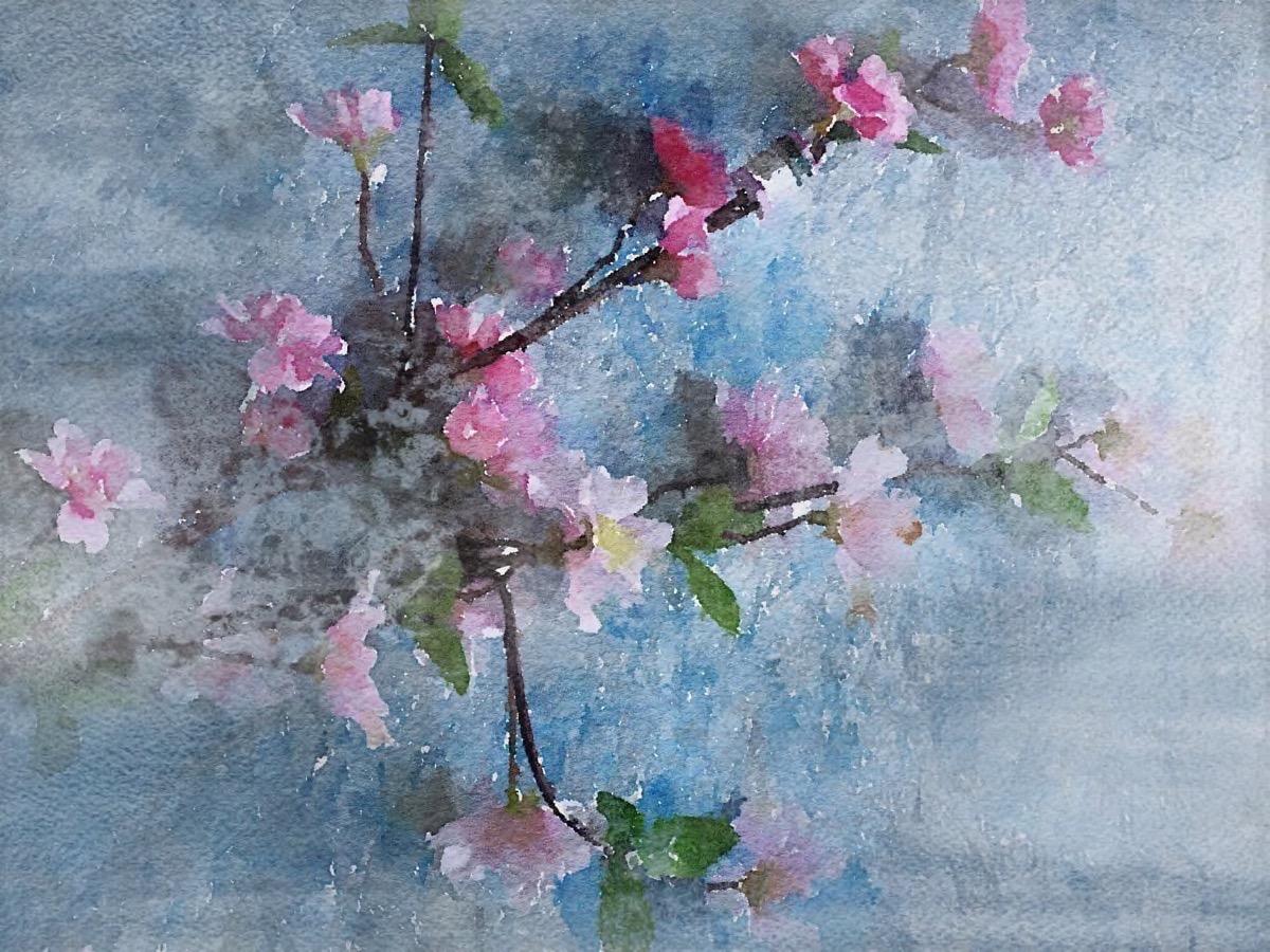 Spring Blue and Pink Flowers Painting Embellished Giclee on Canvas 40H X 60W