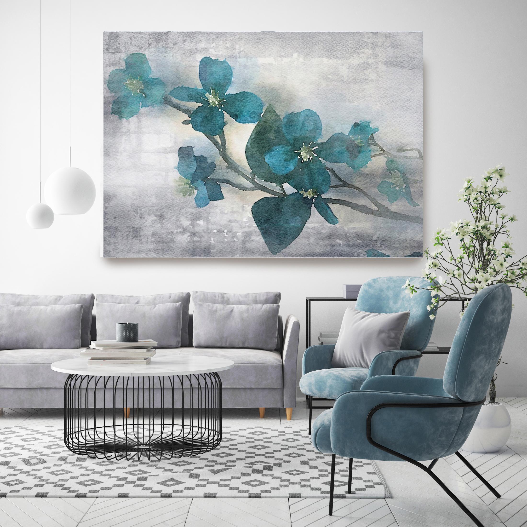 Teal Rustic Flowers Art Embellished Giclee on Canvas 40X60 In Love With Spring  - Painting by Irena Orlov