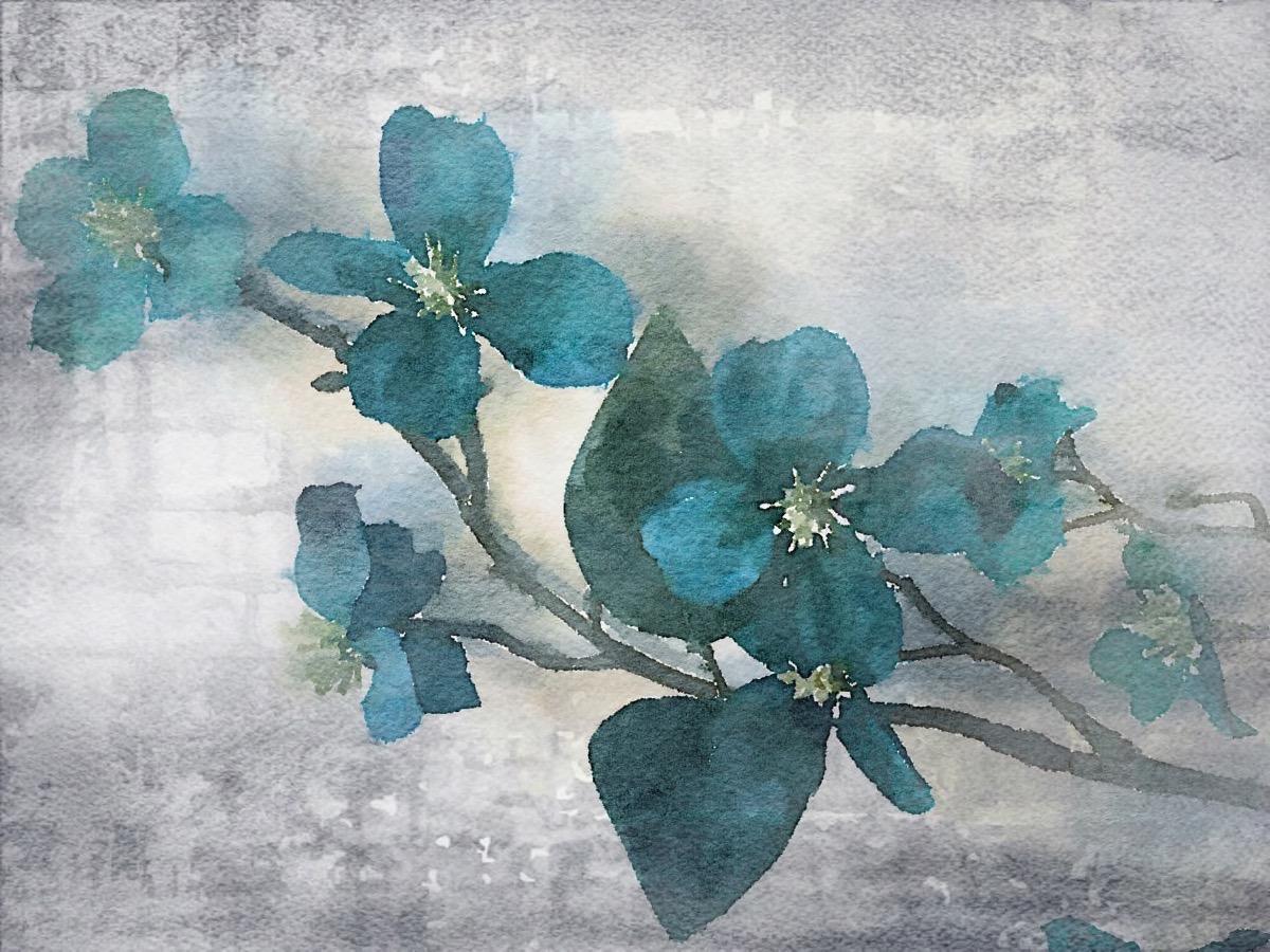 Irena Orlov Landscape Painting - Teal Rustic Flowers Art Embellished Giclee on Canvas 40X60 In Love With Spring 