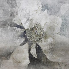 Lightly Frosted Silver Rustic Flowers Painting Textured Giclee on Canvas 45x45" 