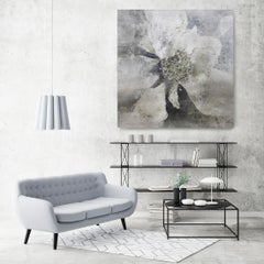 Lightly Frosted Silver Rustic Flowers Painting Textured Giclee on Canvas 45x45"