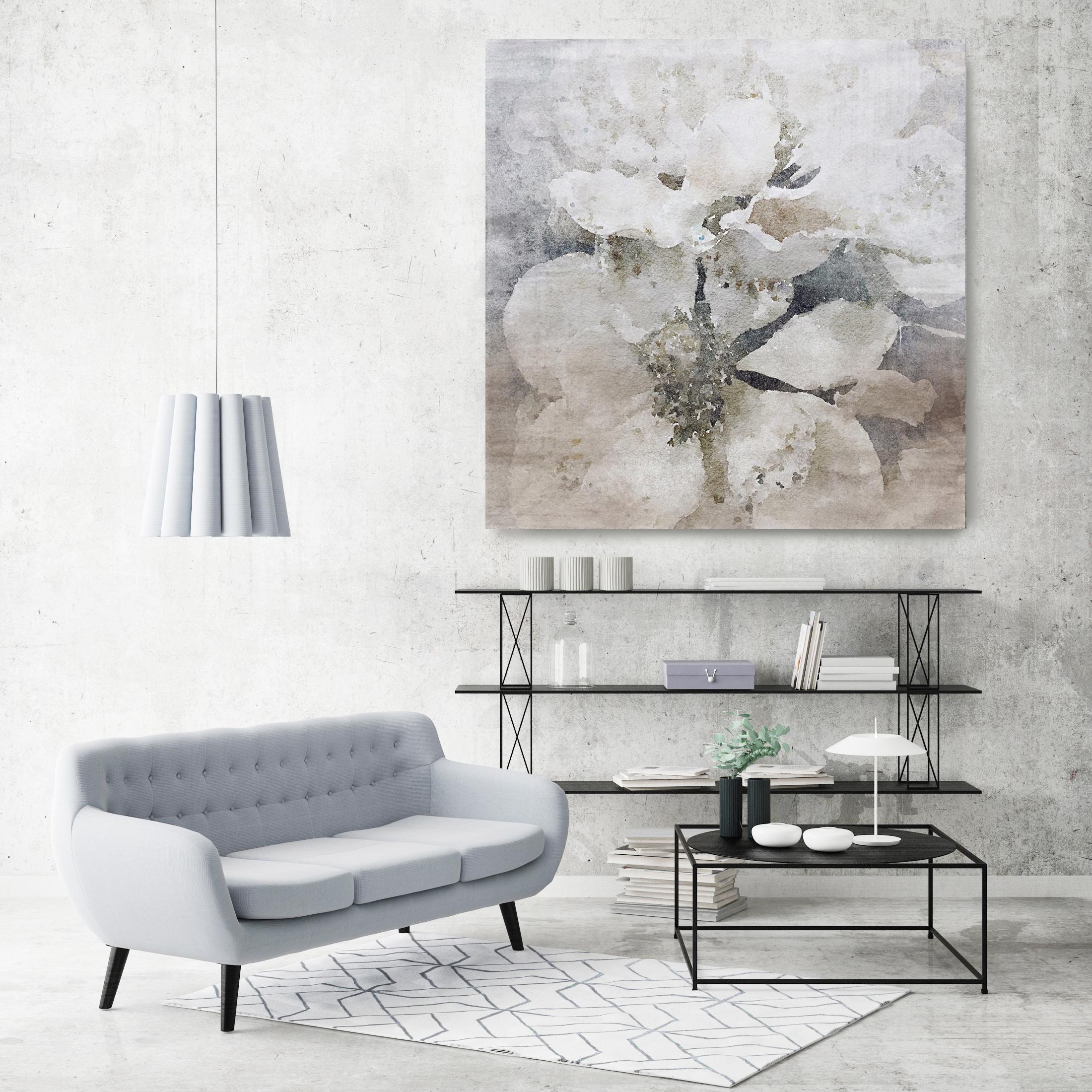 Lightly Frosted Silver Rustic Flowers Art Textured Giclee on Canvas 45x45