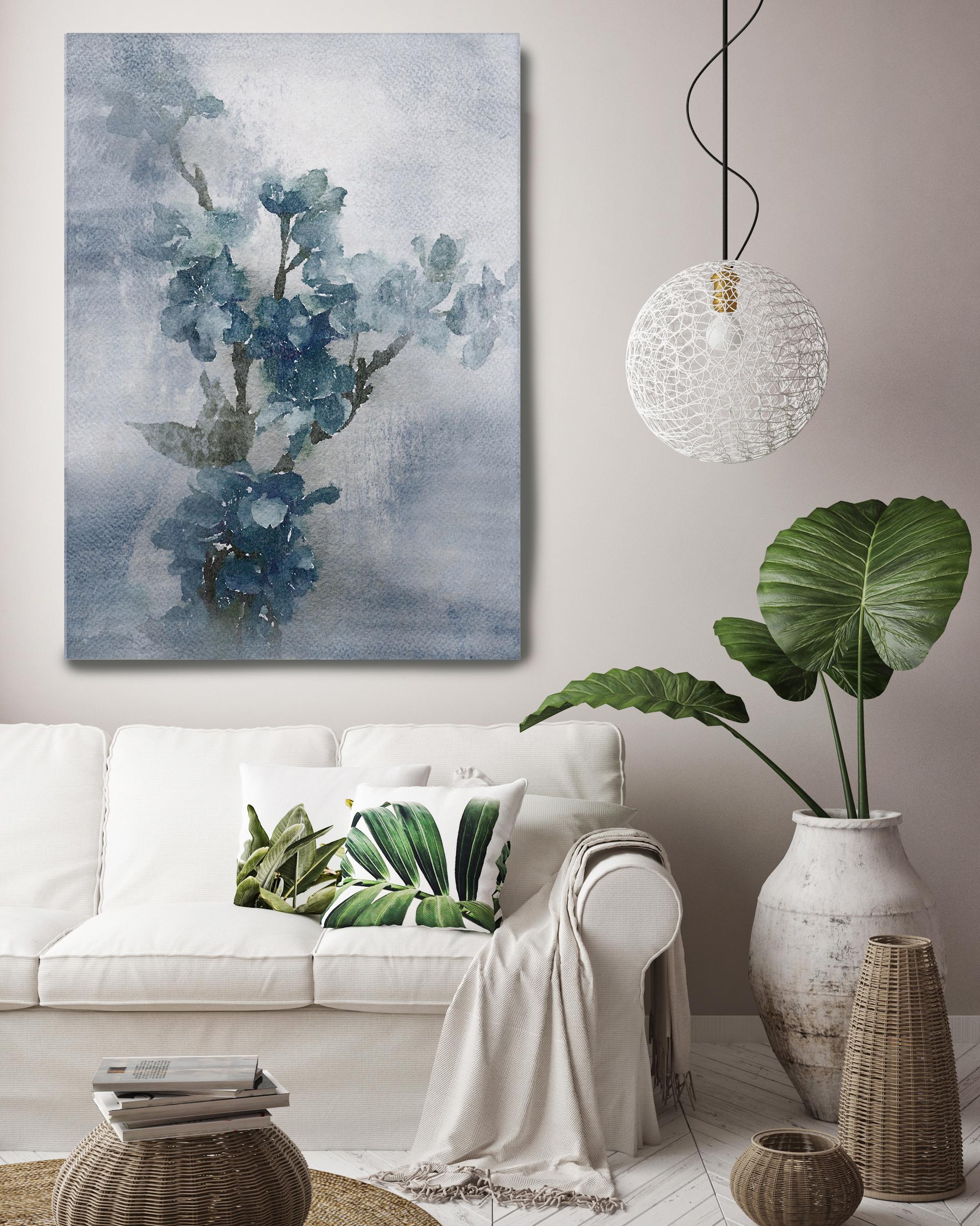 Beyond Blue 2, Rustic Flowers Painting Embellished Giclee on Canvas 40w X 60h 1