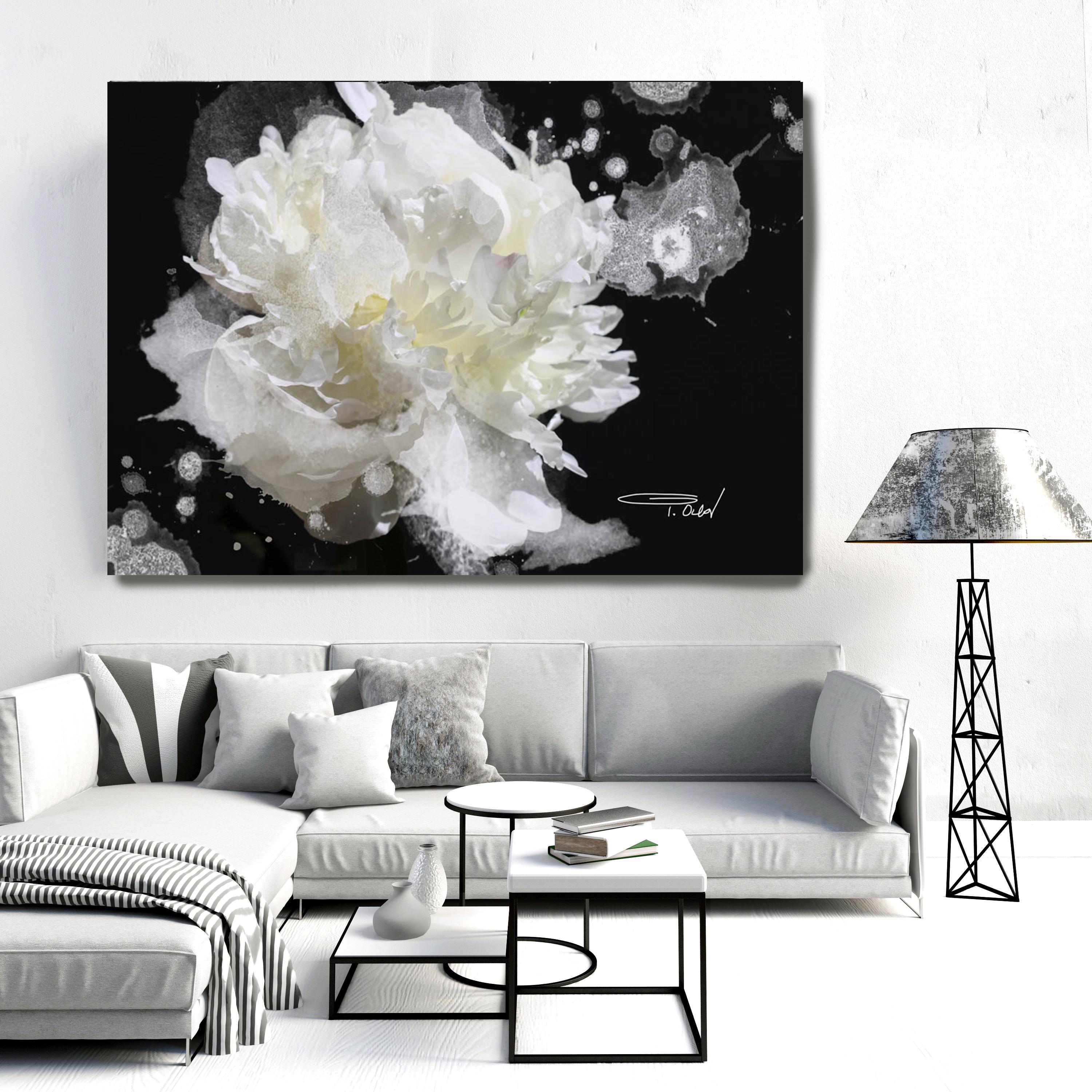 Black and White Floral Art Hand Embellished Giclee on Canvas 40H X 60W - Mixed Media Art by Irena Orlov