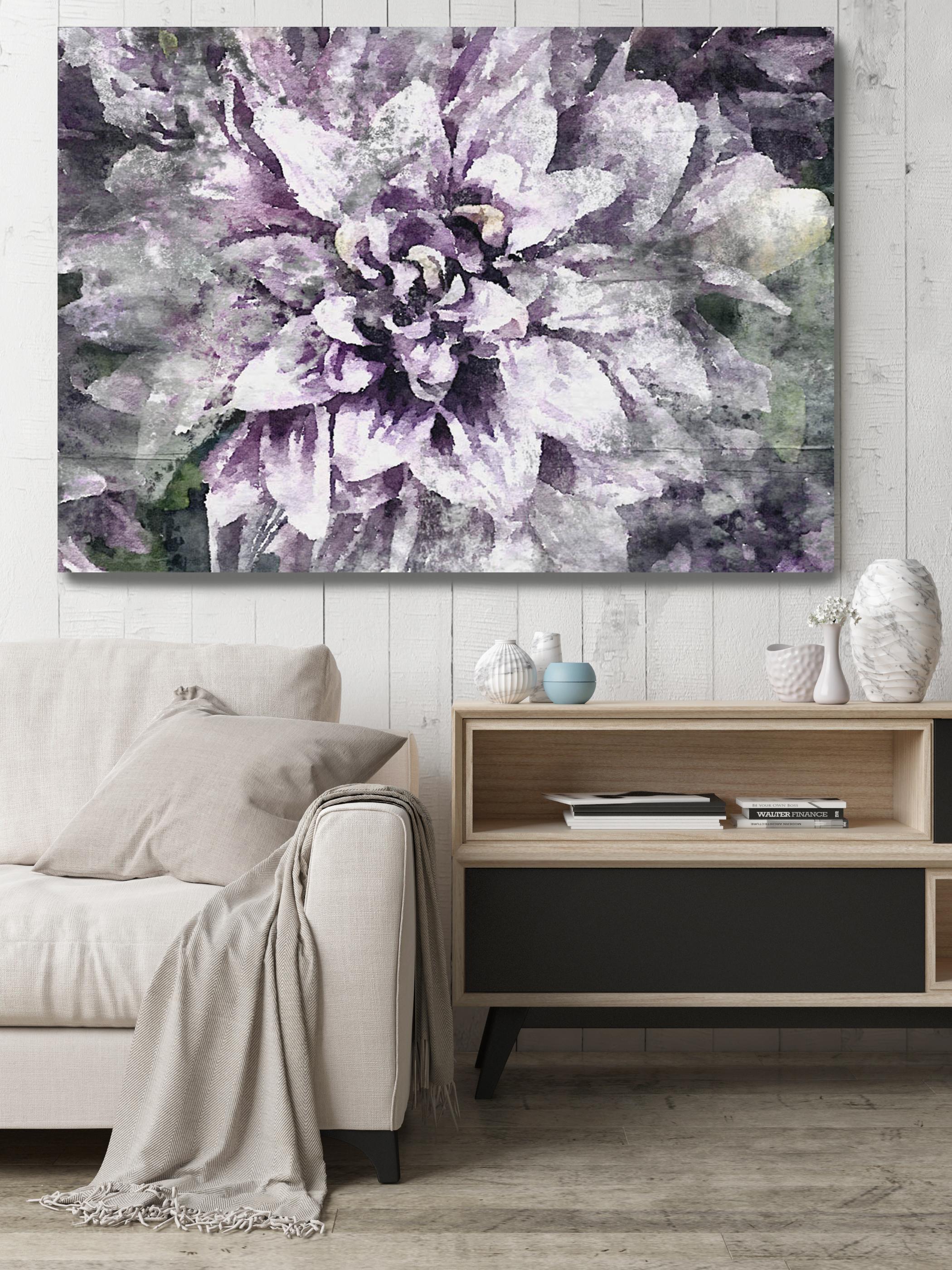 Purple Rustic Flower Painting Embellished Giclee on Canvas 40H X 60W Delightful  - Gray Landscape Painting by Irena Orlov