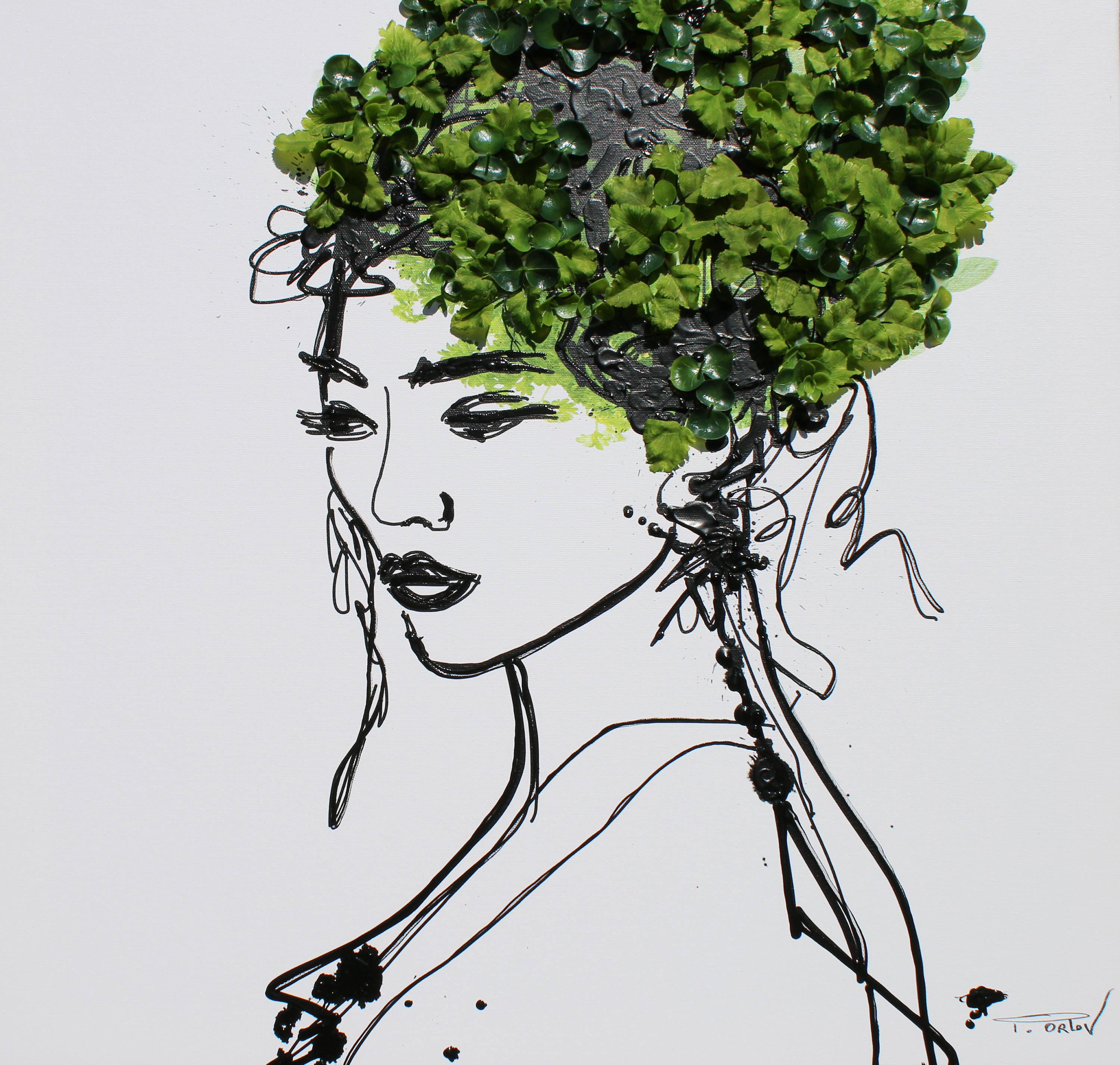 Beauty Spring Woman - Peinture acrylique et 3D sur toile Motif biophilique 24x24 po.